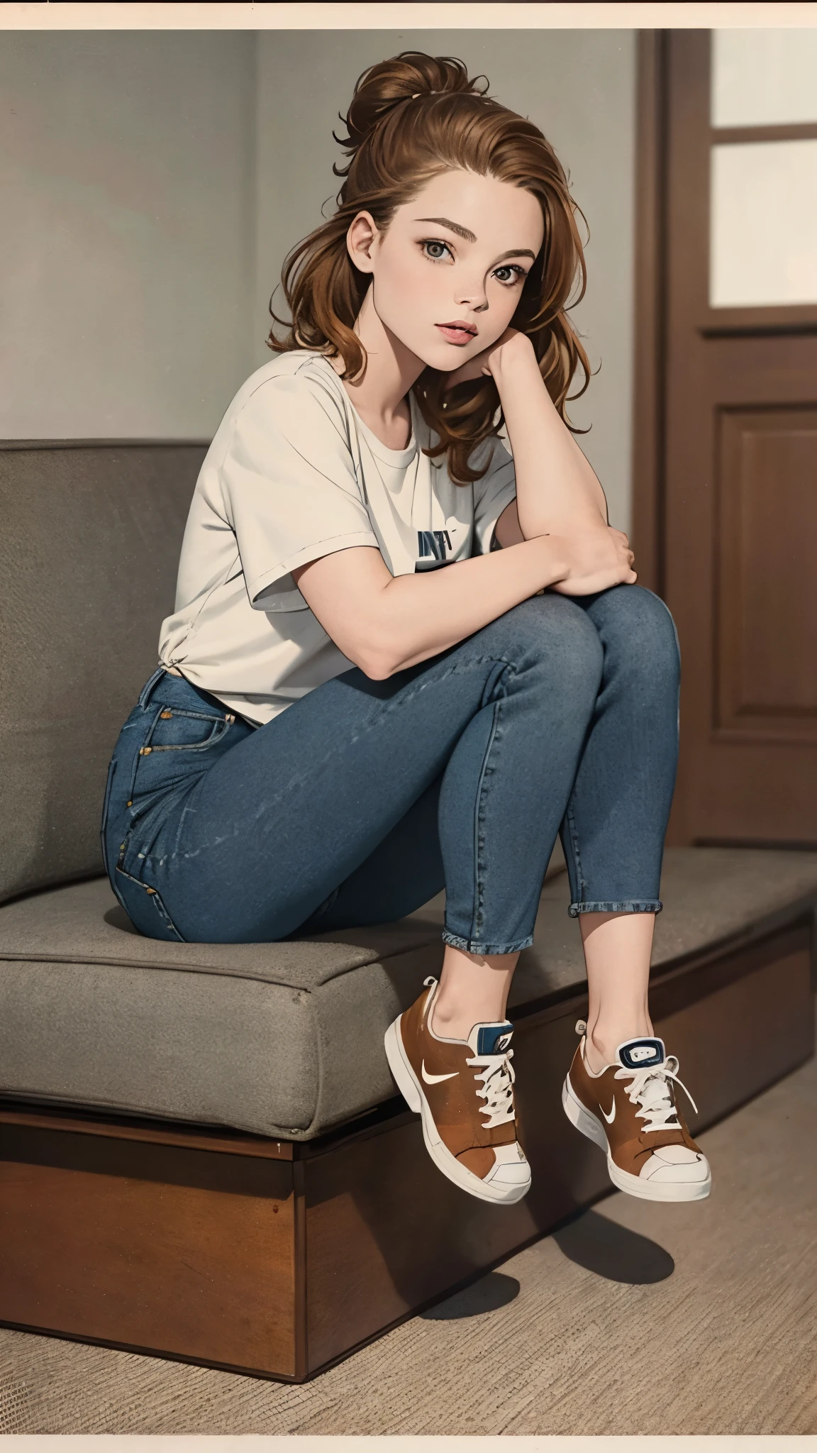 A beautiful young woman, combination of Erin Moriarty, joey king, sydney sweeney, full body portrait, line art, high-quality ink drawing, ultra-detailed, realistic shading, vibrant colors, elegant posture, hanging out, vivid colors, flat image, top knot, chestnut brown hair,  jeans tsnk top and nike shoes