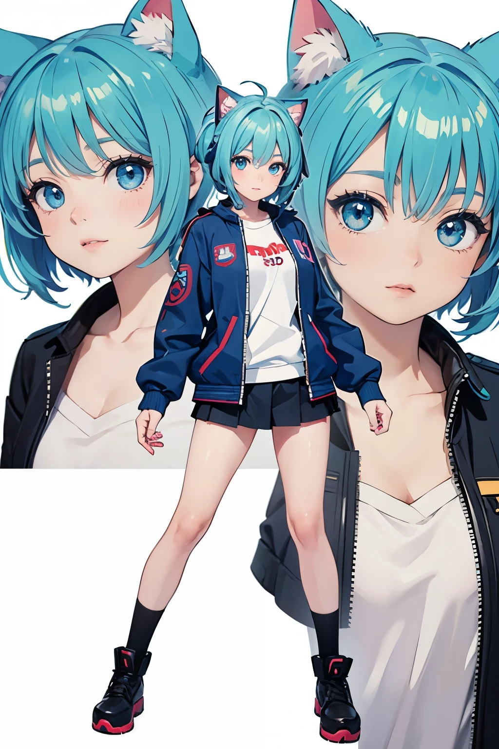 Anime Girl, Blue hair and blue eyes, Blue Jacket, 2D anime style, 4K/8K/UHD, Short blue hair female, Two-dimensional art, Anime Art Wallpaper, Hatsune Miku short hair, Cat ear, Neutral expression, Blue powder, big eyes, White background, masterpiece/Awards, accurate/Anatomically correct, Skin Texture, Ultra Detail/High Detail, high quality/Best quality, White background, full body, Standing picture, Clear face, Showing canines, Retina, high details, high quality, highres, best quality, super detail, anatomically correct, textured skin, UHD, retina, masterpiece, ccurate, high details, high quality, highres, best quality, super detail, anatomically correct, textured skin, UHD, retina, masterpiece, ccurate