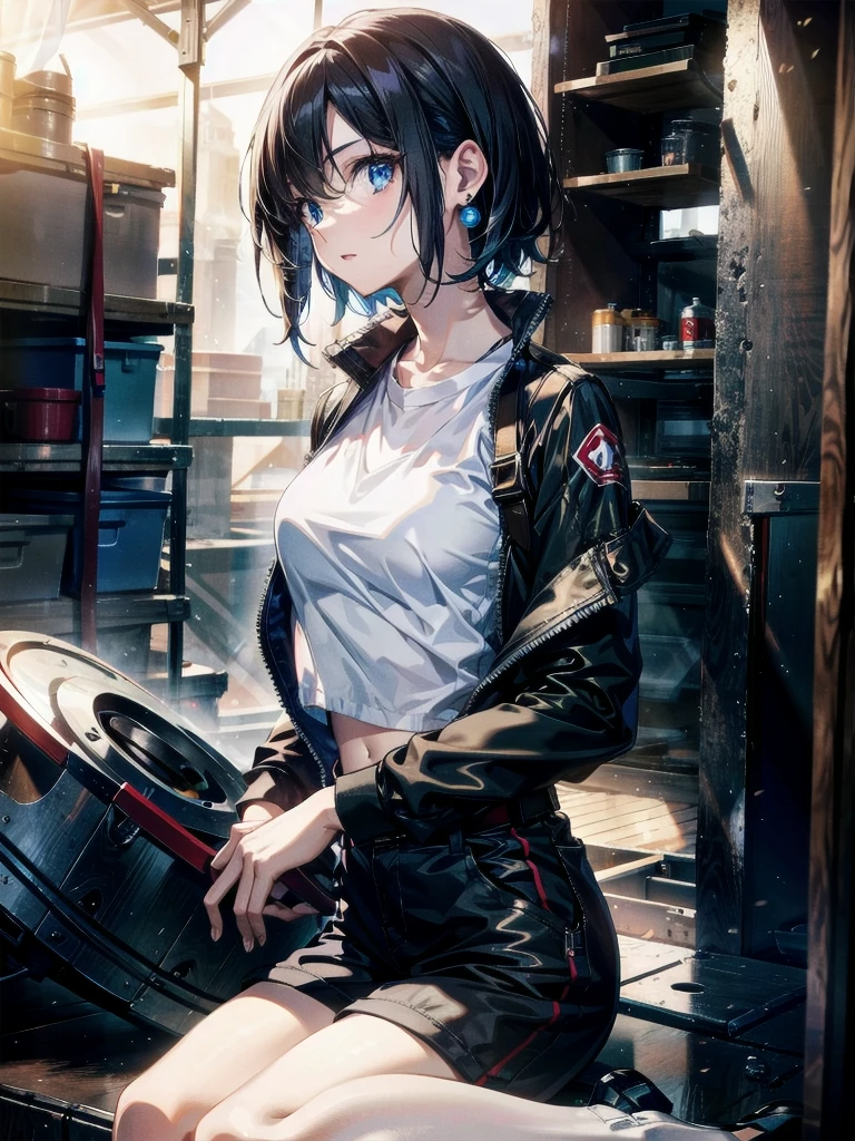 whole body, mechanic's jumpsuit, absurdres, RAW photo, extremely delicate and beautiful, masterpiece, Best Quality, ultra high resolution, 32k, hyperrealistic, ultra-detailed, detailed description, pale skin, 20 years old, detailed beautiful face and eyes, tearful mole, earring, Colossal tits, short medium hair, wavy hair, midriff, shorts,