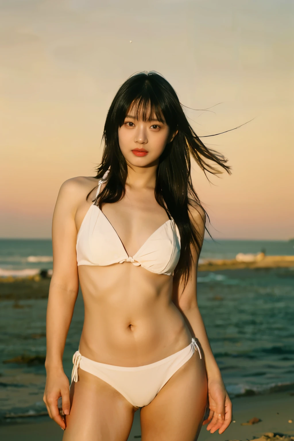 best quality, masterpiece, wearing white bikini, ultra high res, (photorealistic:1.3), 8K, raw photo, big breast, deep cleavage, armpit show off, 1girl, natural skin texture, , leg detailed, full shot body, white BIKINI, wearing leather, natural skin texture, dynamic pose, film grain, background at beach,, look at cam, long black hair, FULL shot portrait, gemma chen