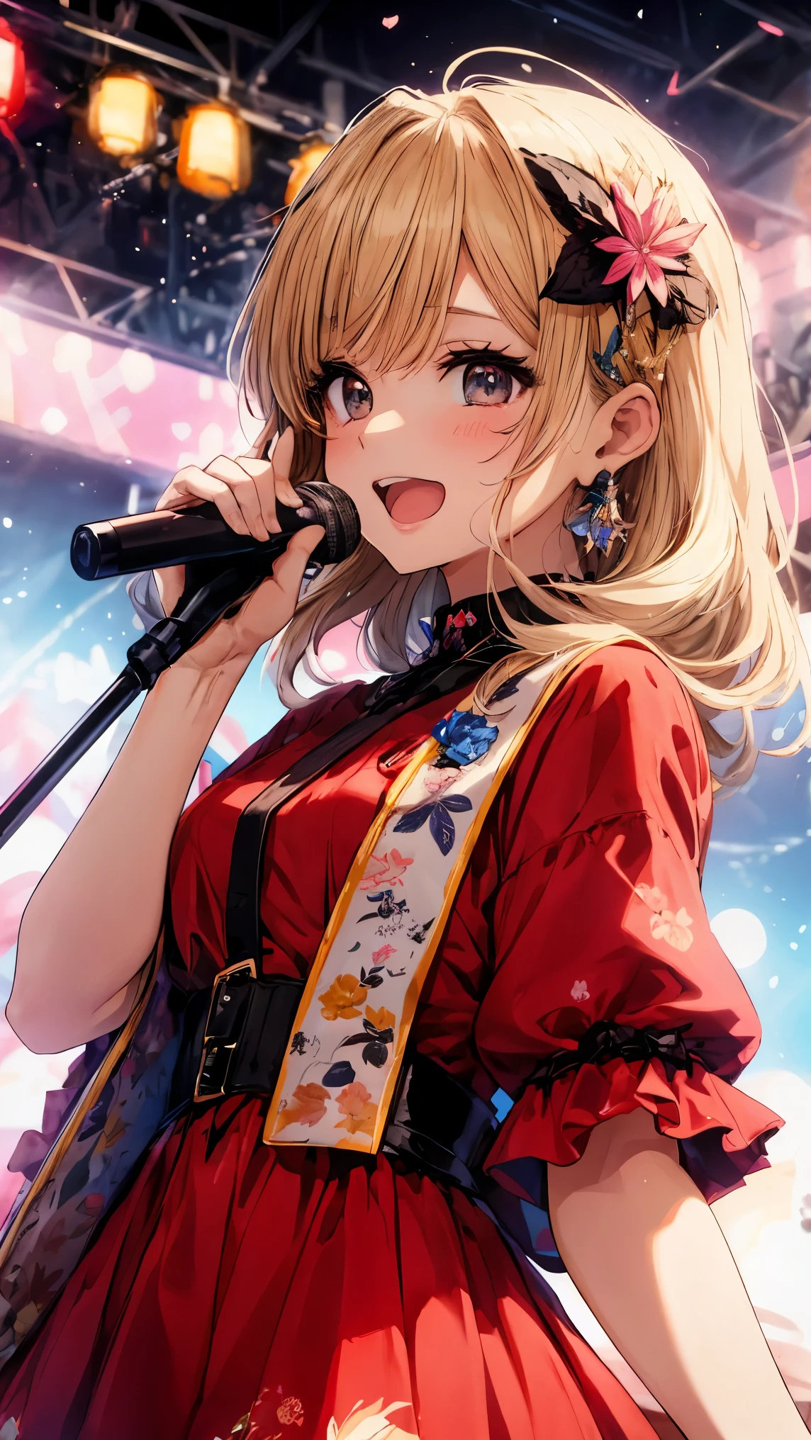 Very cute and beautiful K-POP female idols, Singing on the Gondola Live Stage,
break,
Face close-up, Singing scene, Dress scene, Looking at the audience,
break,
Expressing idols in bright colors, Colorful idol dresses, Expressing the idol's singing voice with warm colors