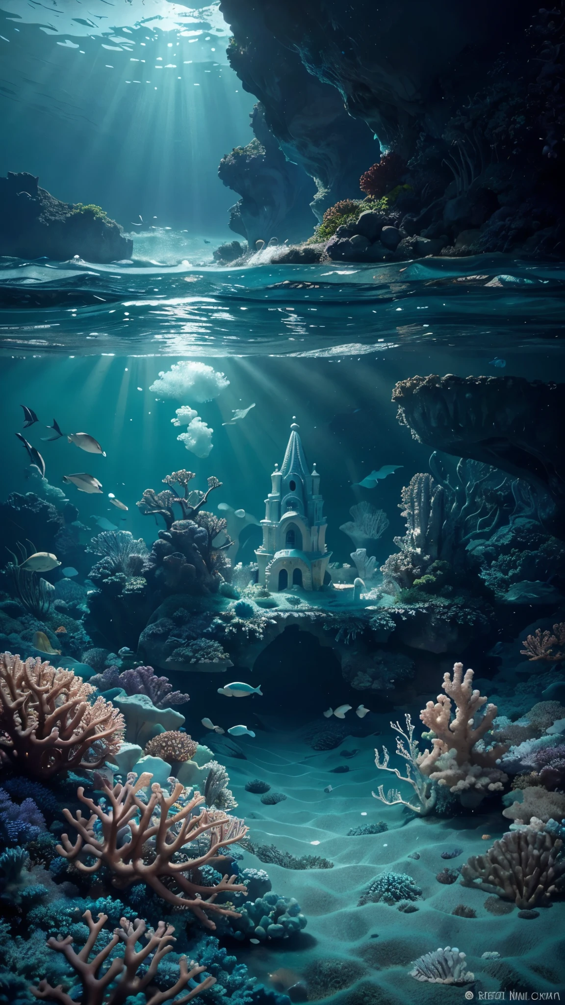 Imagine a mesmerizing underwater kingdom, a realm of enchantment hidden beneath the waves. Picture a vast coral palace, its spires reaching toward the ocean surface, adorned with glistening pearls and shells. Surrounding the palace, a bustling city of vibrant marine life thrives, weaving through intricate coral streets and gardens. Dive deep into this fantastical world and capture the harmony of merfolk and sea creatures living in harmony amidst the shimmering currents. Let the scene evoke a sense of wonder and magic, inviting viewers to explore the depths and uncover the mysteries of the sea.