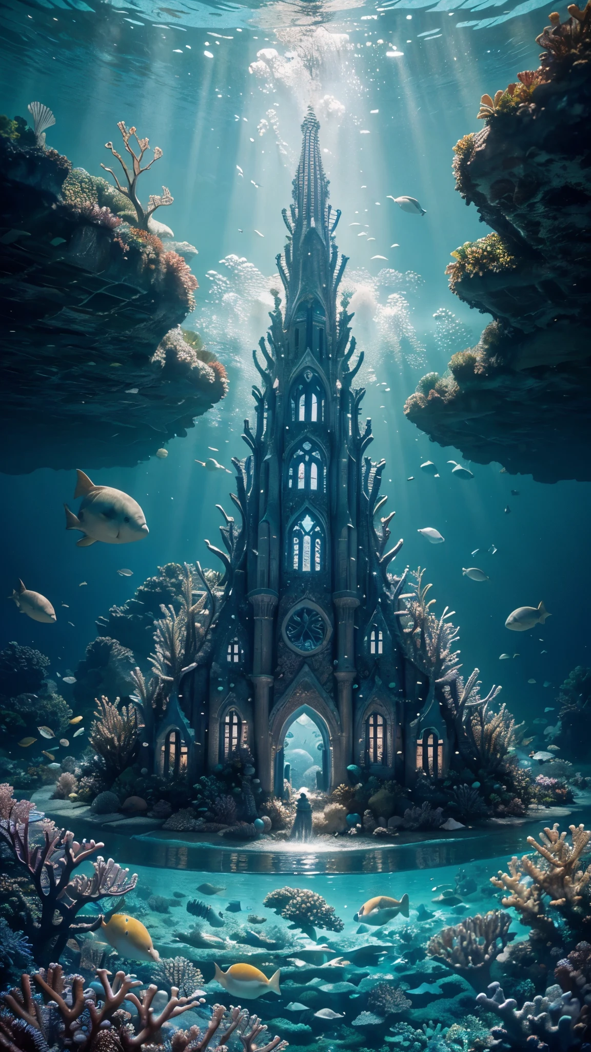 Imagine a mesmerizing underwater kingdom, a realm of enchantment hidden beneath the waves. Picture a vast coral palace, its spires reaching toward the ocean surface, adorned with glistening pearls and shells. Surrounding the palace, a bustling city of vibrant marine life thrives, weaving through intricate coral streets and gardens. Dive deep into this fantastical world and capture the harmony of merfolk and sea creatures living in harmony amidst the shimmering currents. Let the scene evoke a sense of wonder and magic, inviting viewers to explore the depths and uncover the mysteries of the sea.