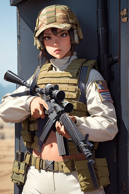 a woman in a white outfit holding a rifle and wearing headphones, 24-year-old woman, Filipino woman, tan bronze skin, soldier girl, mechanized soldier girl, military girl, beautiful female soldier, female lead character, infantry girl, of a sniper girl in war, solo female character, future combat gear, close up half body shot, Women in crop top military bulletproof vest, ((showing navel)), exposed abdomen area, quiet from metal gear solid v, wearing tactical gear, dressed in tactical armor, (((aiming rifle)))
