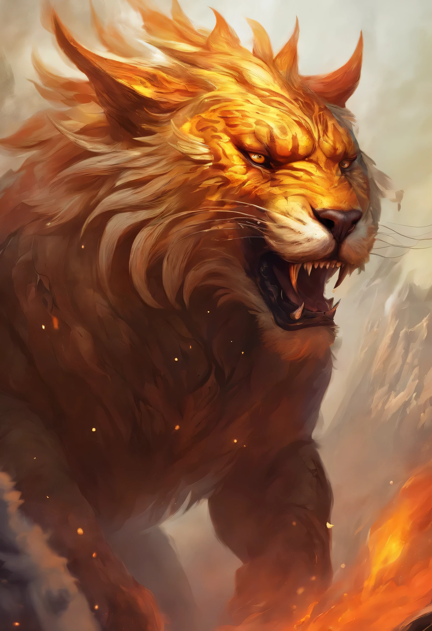 Strange monsters in a fantasy world,sabertooth tiger,long canine teeth,Strong limbs,Covered in flames,bloods,Covered with thick spikeoon Night,The medium scene is,Full body like, Highly detailed and hyper-realistic visuals,oc rendered,Shot with a 70mm lens - AR 16:9 --q 2 --s 1000