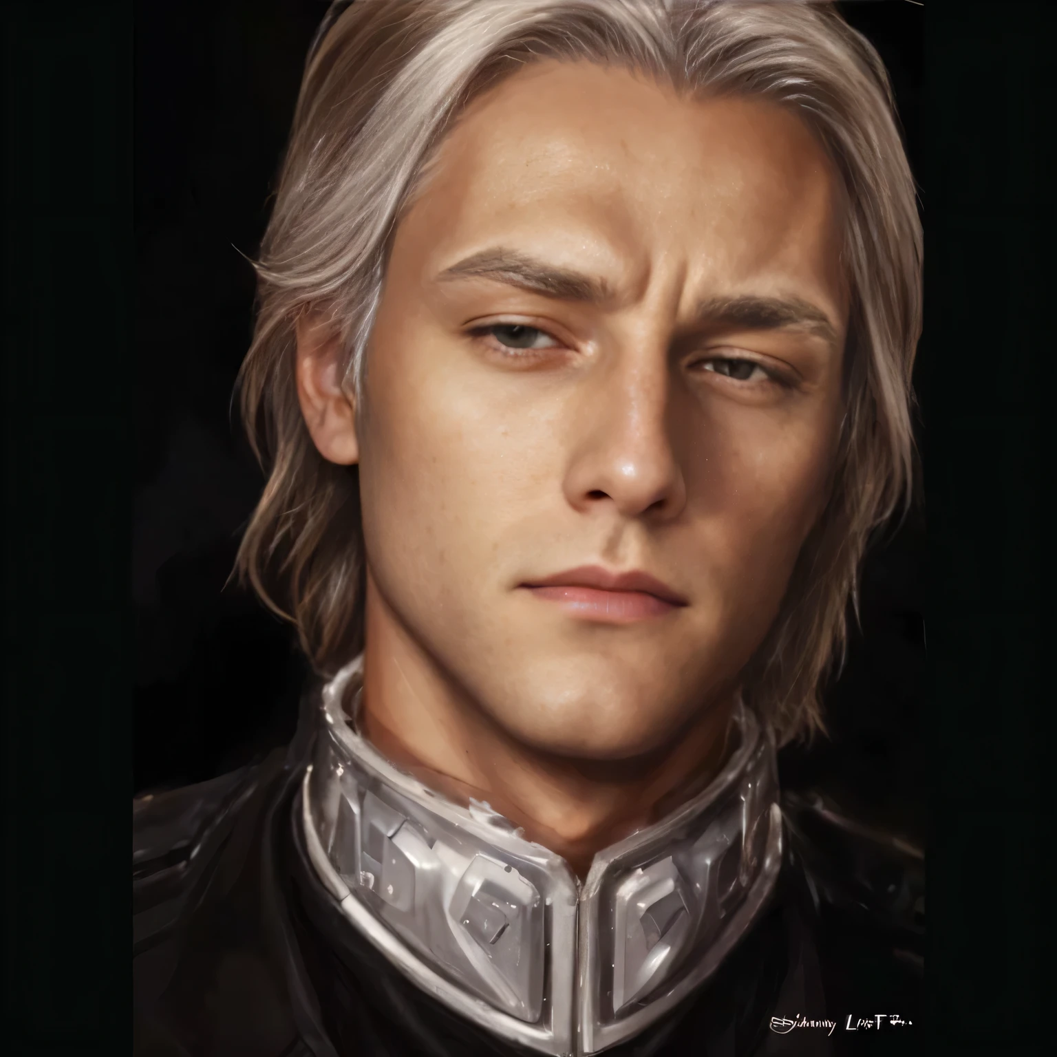 a man with a white hair and a black military suit with silver ornated collar, brown hair with white accents, sci fi,  johan liebert mixed with dante, brown hair with white frontal accent, sci fi, disgusted facial expression