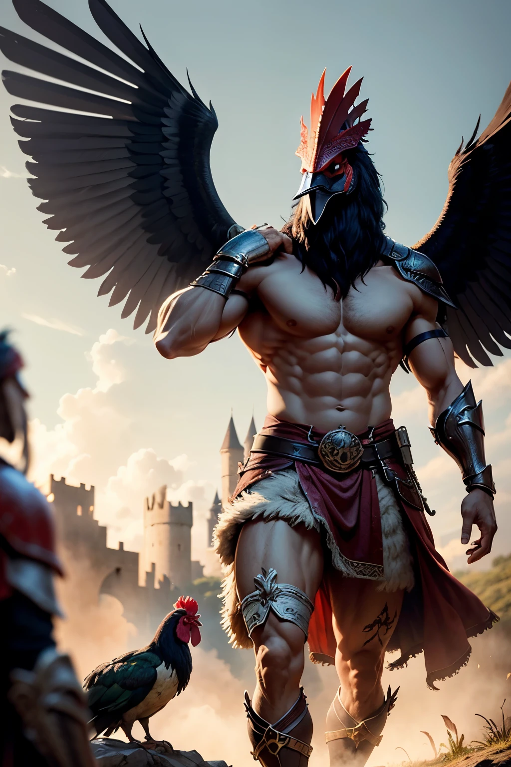 (anthropomorphic turtle),(Rooster warrior:1.4),coda,a tall body,Stout limbs,disdain,ran,tosen,The long hairs of the flame fluttered in the wind,combats,Dynamic lines,Dimly lit battlefield,Ruined castle,(stereoscopic perspective:1.4),Works of masters,super-fine,4K resolution,high qulity,Movie Lighting,High picture detail,Detailed pubic hair,Epic shooting,Clearly focused hair,Detailed hair depiction,acurate