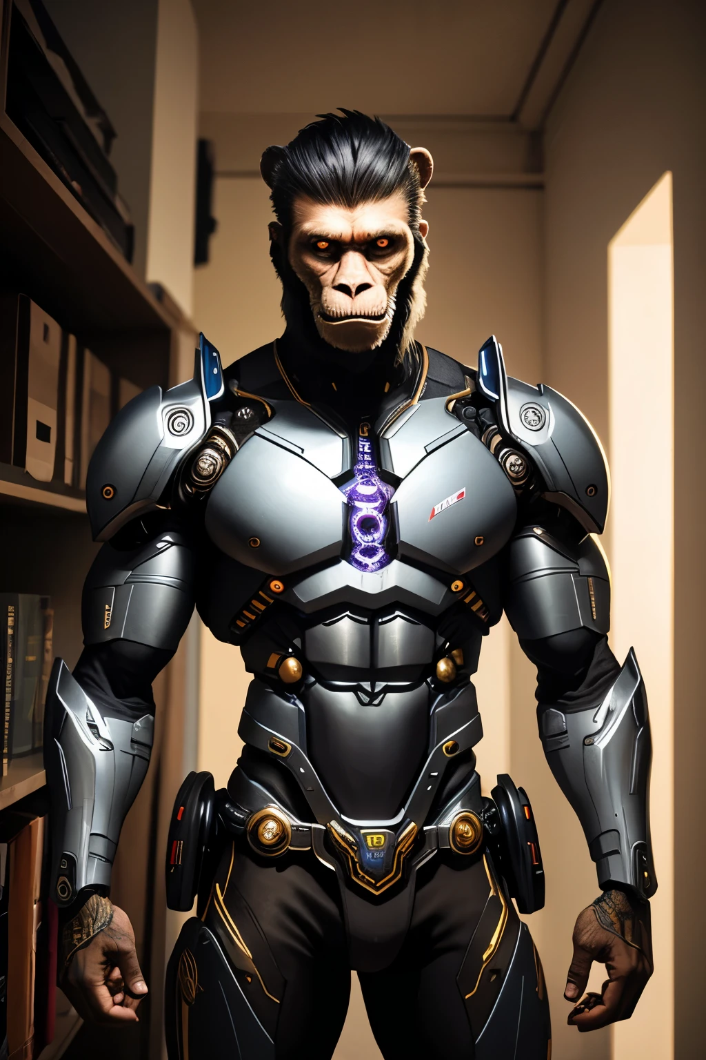 UM CYBORG METADE HOMEM, METADE MACACO LIGADOS POR UMALIGA DE TITANIO
