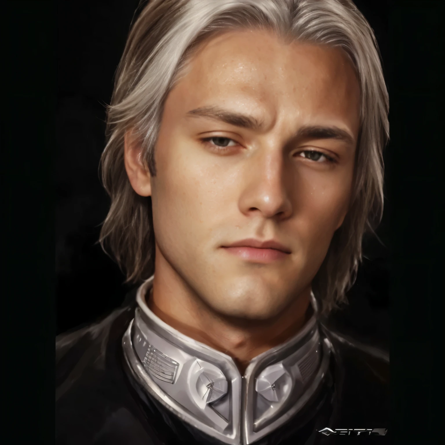 a man with a white hair and a black military suit with silver ornated collar, brown hair with white accents, sci fi, johan liebert mixed with dante, brown hair with white frontal accent, sci fi, disgusted facial expression