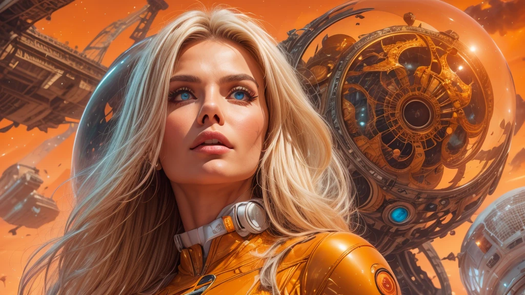 arafed image of a white woman in a futuristic suit with a spaceship in the background, movie art, in front of an orange background, inspired by Robert McGinnis, female protagonist, megastructure in the background, portrait of an ai astronaut, astronauts, an astronaut, portrait of a astronaut skeletor, perfect android girl, detailed eyes, perfectly detailed teeth, frank franzzeta and sakimichan