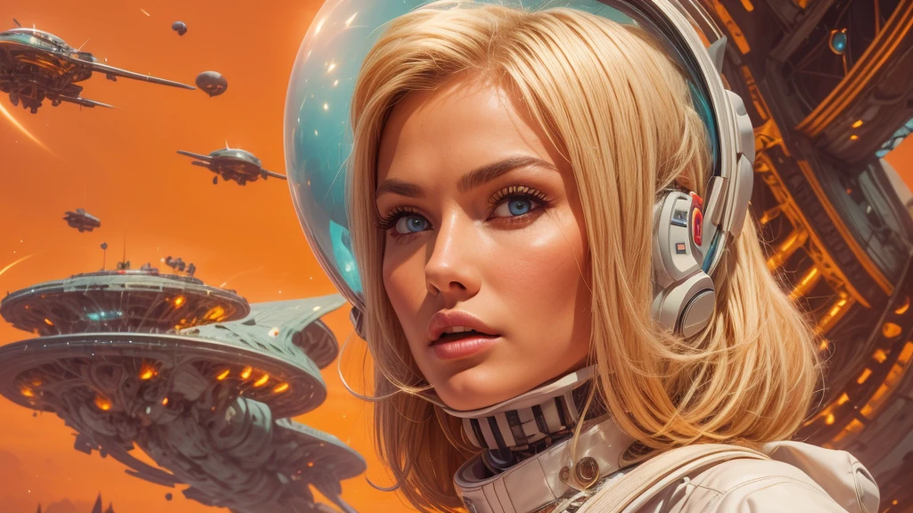 arafed image of a white woman in a futuristic suit with a spaceship in the background, movie art, in front of an orange background, inspired by Robert McGinnis, female protagonist, megastructure in the background, portrait of an ai astronaut, astronauts, an astronaut, portrait of a astronaut skeletor, perfect android girl, detailed eyes, perfectly detailed teeth, frank franzzeta and sakimichan  