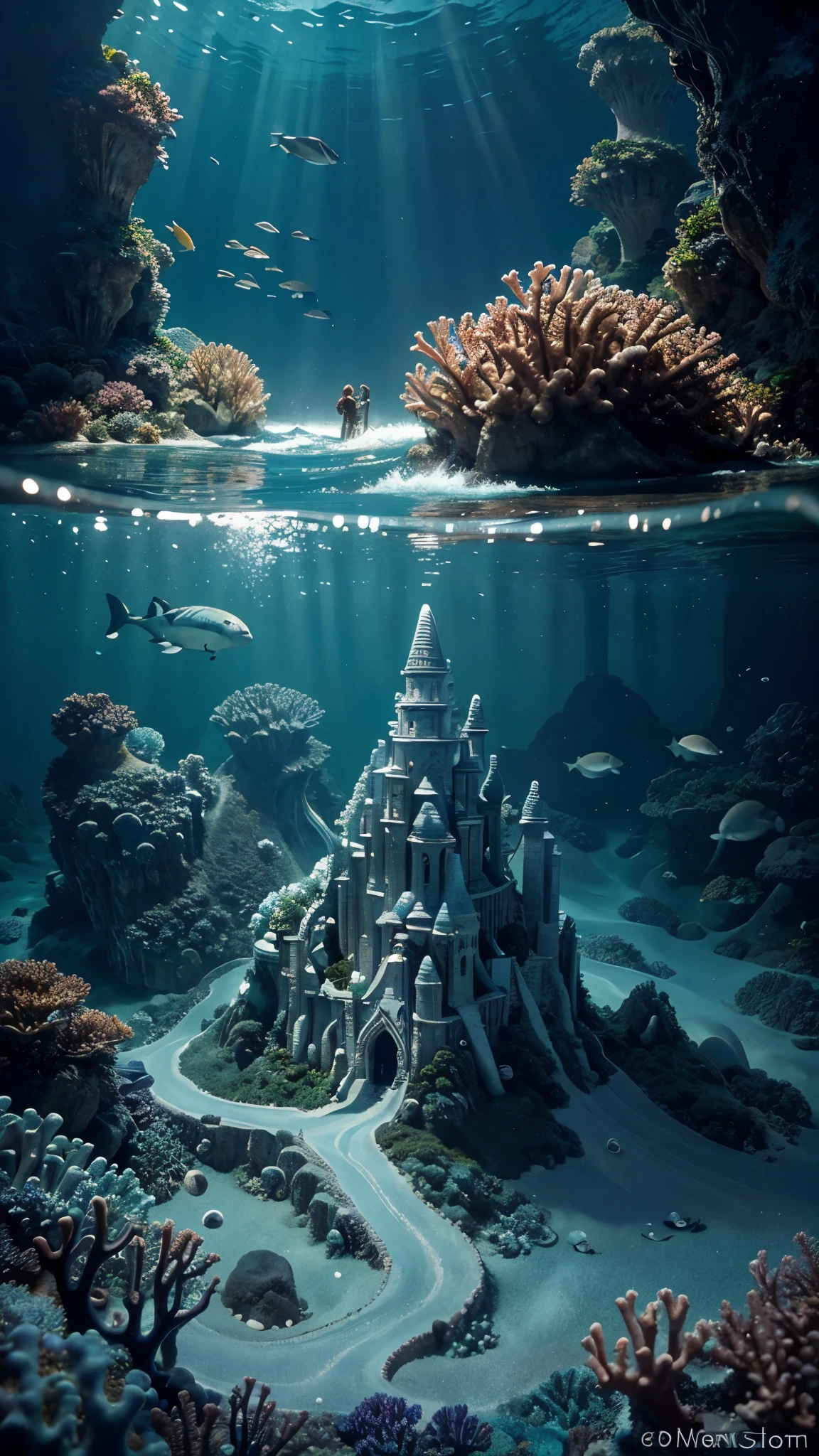 Imagine a mesmerizing underwater kingdom, a realm of enchantment hidden beneath the waves. Picture a vast coral palace, its spires reaching toward the ocean surface, adorned with glistening pearls and shells. Surrounding the palace, a bustling city of vibrant marine life thrives, weaving through intricate coral streets and gardens. Dive deep into this fantastical world and capture the harmony of merfolk and sea creatures living in harmony amidst the shimmering currents. Let the scene evoke a sense of wonder and magic, inviting viewers to explore the depths and uncover the mysteries of the sea.