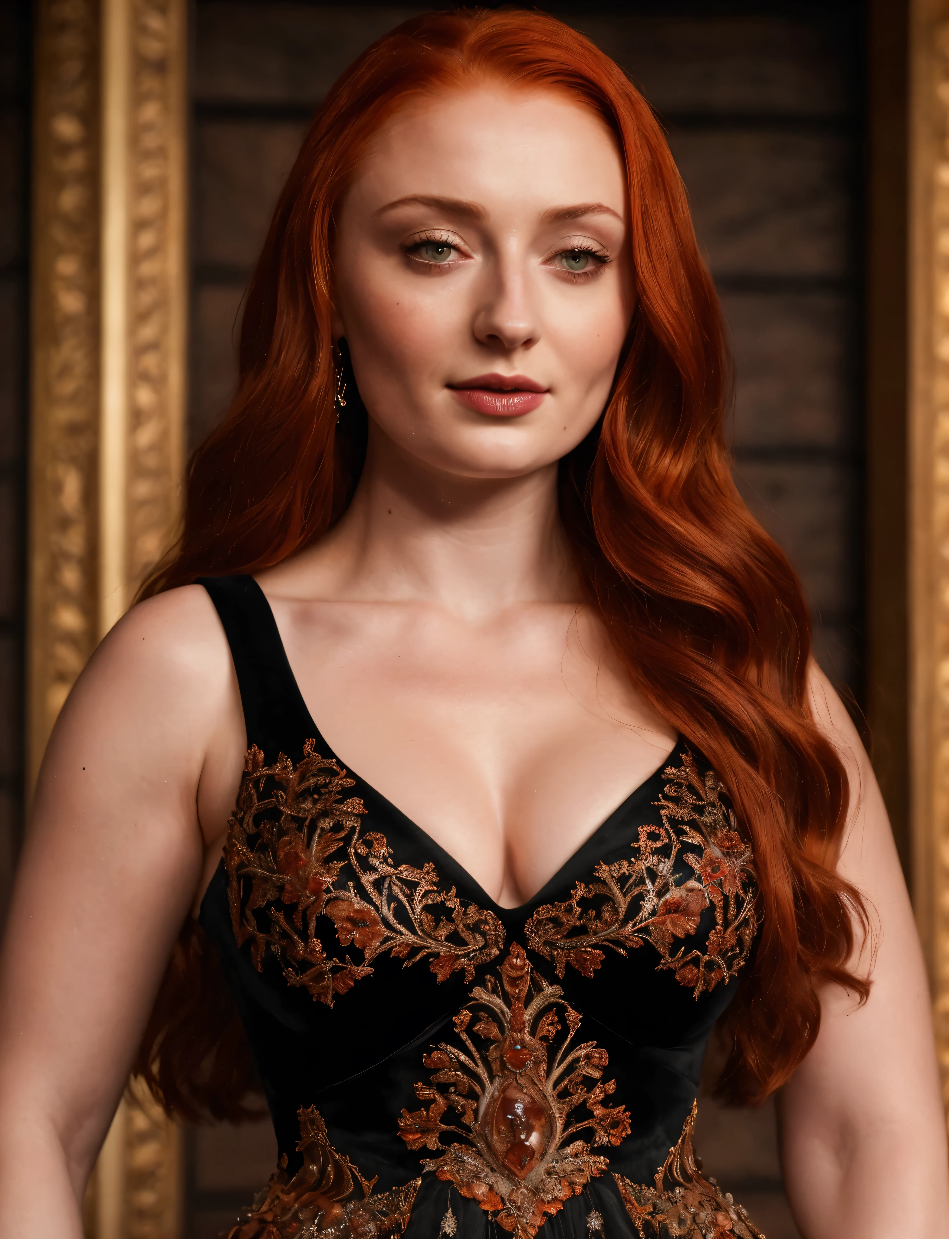 Face of Sophie Turner, Sansa Stark played by Sophie Turner, the de facto Lady of the Eyrie, is a 40-year-old mature queen with a stunning, alluring appearance. Full Face, pierced eyes, reddish lips, upper body shot, erotic Mediaeval costumes, game of thrones costumes, She wears a Game of Thrones-inspired costume and has a deep cleavage, a perfect thick body, and a perfect thick figure. The photograph captures her in a close-up, with her skin texture and facial features being ultra-realistic and realistic. Juicy thick figure, high quality skin, Skin pores, amazing details, snow, snow flakes, semi realistic, extremely detailed eyes, dark moody orange and black settings, cool environment, artificial intelligence, winter, winter scene, 