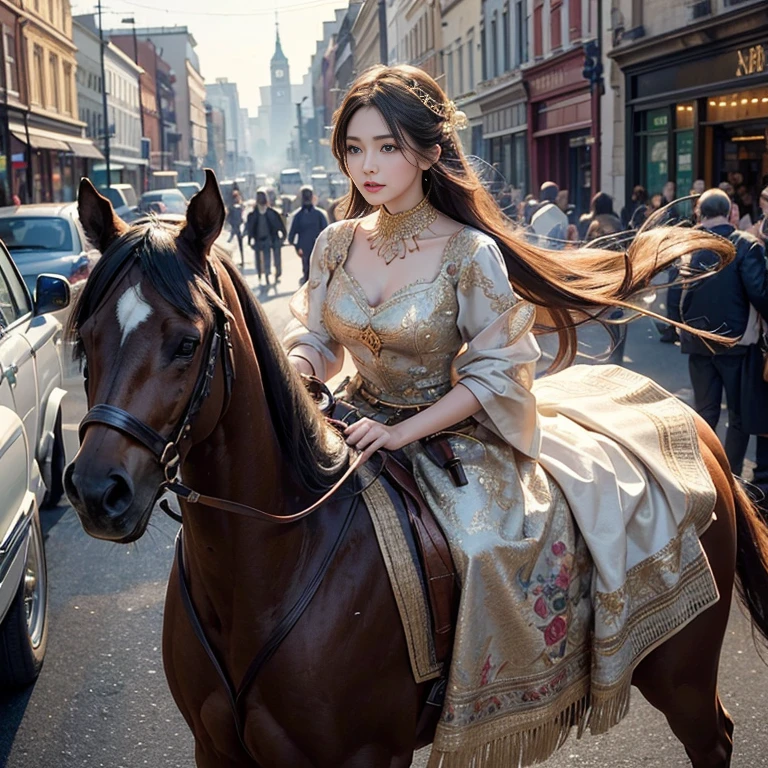 As a high-resolution image of a horse on the busy street of Baker Street. This horse boasts exquisite detailing and a vintage aesthetic., Capturing the essence of a bygone era. rider, Hair fluttering in the wind, They run confidently through the crowded streets.、It gives me joy and happiness。.
Focus on the highest quality, An image made to be a masterpiece in itself. Boasting 8K resolution, Perfectly capture every intricate detail、can be displayed. The image quality is unparalleled, Create a visually stunning experience for your audience. The overall image exudes an award-winning aura.,
The face is at the center of the image, Drawn with meticulous attention to detail. All Contours, Features, Facial expressions are captured with great accuracy. Viewers can immerse themselves in ultra-high resolution detailed faces, Marvel at the vivid depictions. eye, especially, It is an attractive focal point, Shining with stunning detail and realism.
Add depth and visual interest, The ancient Islamic costumes worn give off an exotic vibe., enhancing the overall aesthetic of the image. Tatoo in the chest gives attractive charm, Symbolize their attractive personality.
The color palette of the image is、Carefully selected to evoke a nostalgic and timeless atmosphere。.