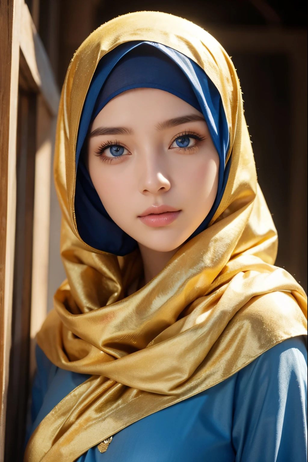 girl, beautiful, use golden hijab, use masker, cluster, original, realistic, high resolution, blue eyes