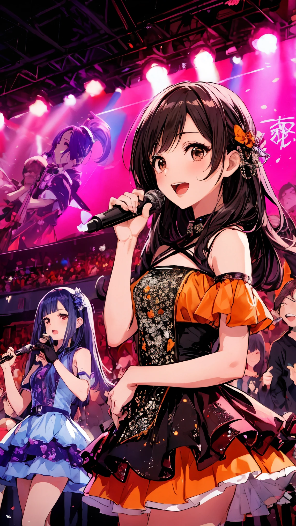 Five Girls, Idol Group,Very cute and beautiful K-POP female idols, Singing on the Gondola Live Stage,
break,
Face close-up, Singing scene, Dress scene, Looking at the audience,
break,
Expressing idols in bright colors, Colorful idol dresses, Expressing the idol's singing voice with warm colors