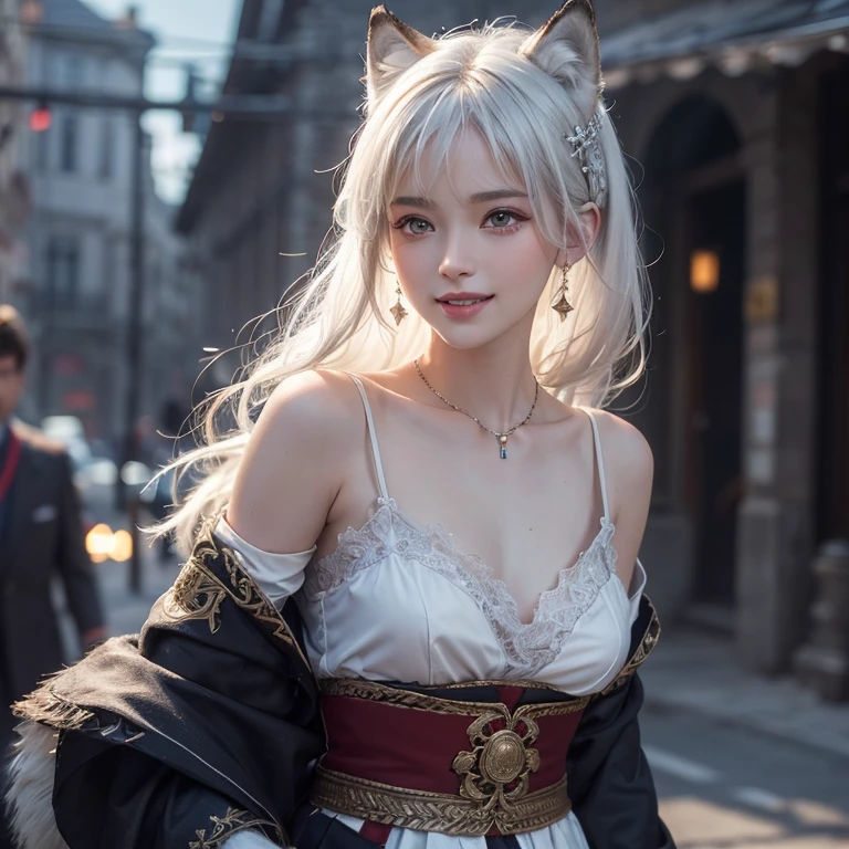 Dark ambiance,old European townde in the background、white wolf、 ((highest quality、masterpiece、8k、best image quality、ultra high resolution、Award-winning work)、(accurate anatomy:1.1)、(look at me and smile:1.1)、Shining fair skin with ultra high resolution、most detailed face、ultra high resolution detailed face、white short hair flowing 、Beautiful face drawn in every detail、(blurred background:1.1)、traditional Georgia man costume, tiny breast, real wolf beside the girl 