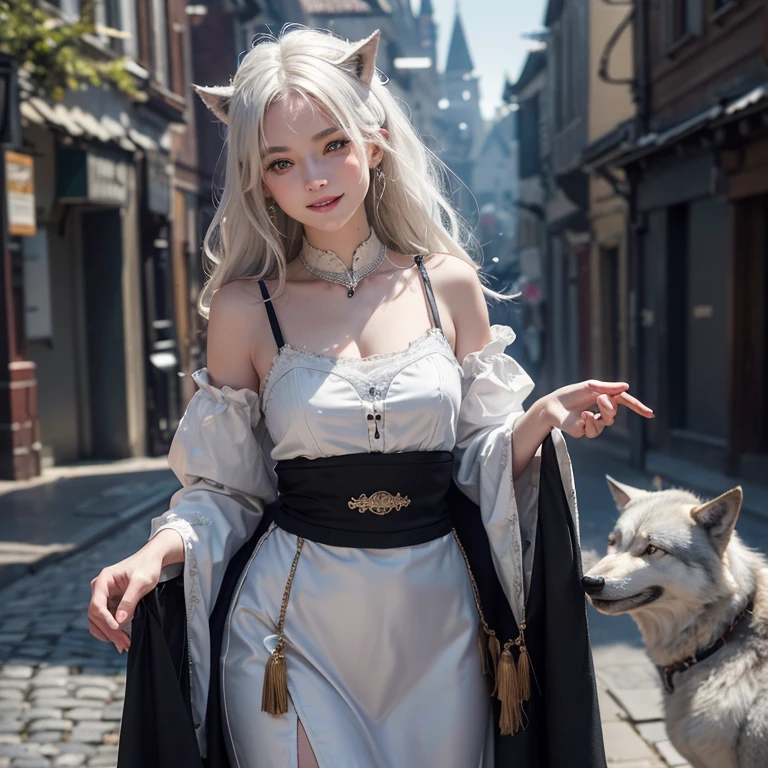 Dark ambiance,old European townde in the background、white wolf、 ((highest quality、masterpiece、8k、best image quality、ultra high resolution、Award-winning work)、(accurate anatomy:1.1)、(look at me and smile:1.1)、Shining fair skin with ultra high resolution、most detailed face、ultra high resolution detailed face、white short hair flowing 、Beautiful face drawn in every detail、(blurred background:1.1)、traditional Georgia man costume, tiny breast, real wolf beside the girl 