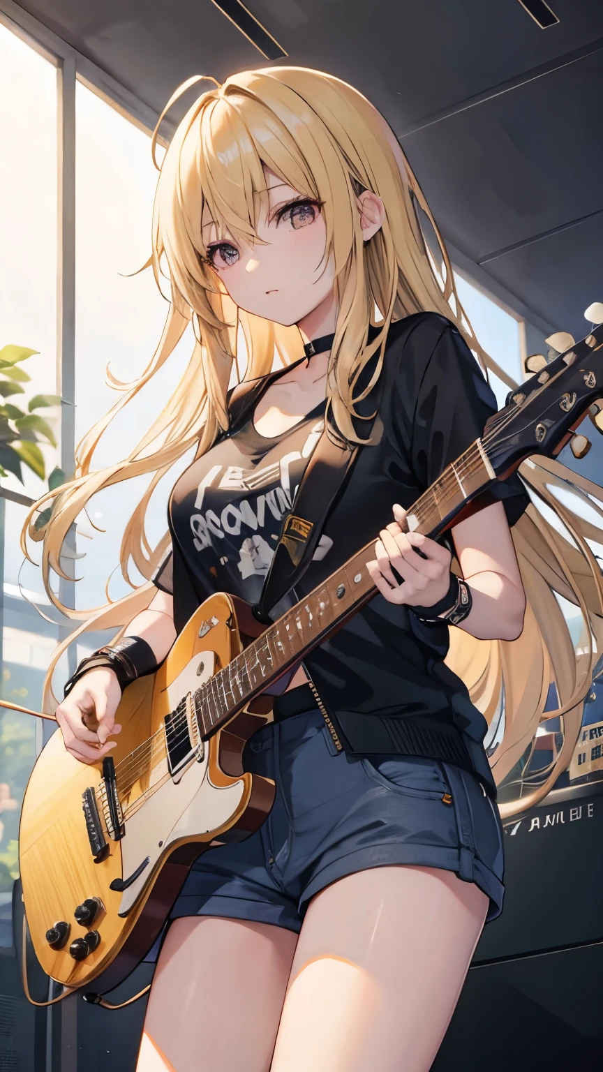 blonde hair, hair over shoulder, messy hair, masterpiece, (textured skin), best quality, gorgeous adult woman, (Rock band guitarist), T-shirt, leisure jacket, choker, (electric guitar), Fender, (at Live venue)