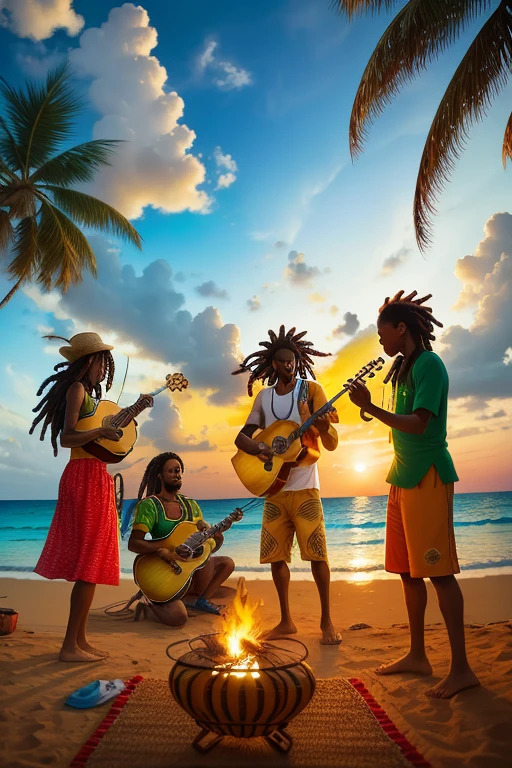 4K 16:9 Image: A lively Jamaican reggae scene unfolds before you, with the warm sun setting over a tranquil beach. The vibrant color palette is filled with shades of orange, green, and yellow, conveying a sense of joy and relaxation. In the foreground, a group of musicians is gathered around a bonfire, playing their instruments with passion and rhythm. Their disheveled dreadlocks sway gently in the breeze, and their joyful expressions light up the scene.
In the background, palm trees dance in the gentle breeze, and the waves crash against the shore, creating a soothing and harmonious sound. A clear blue sky adorned