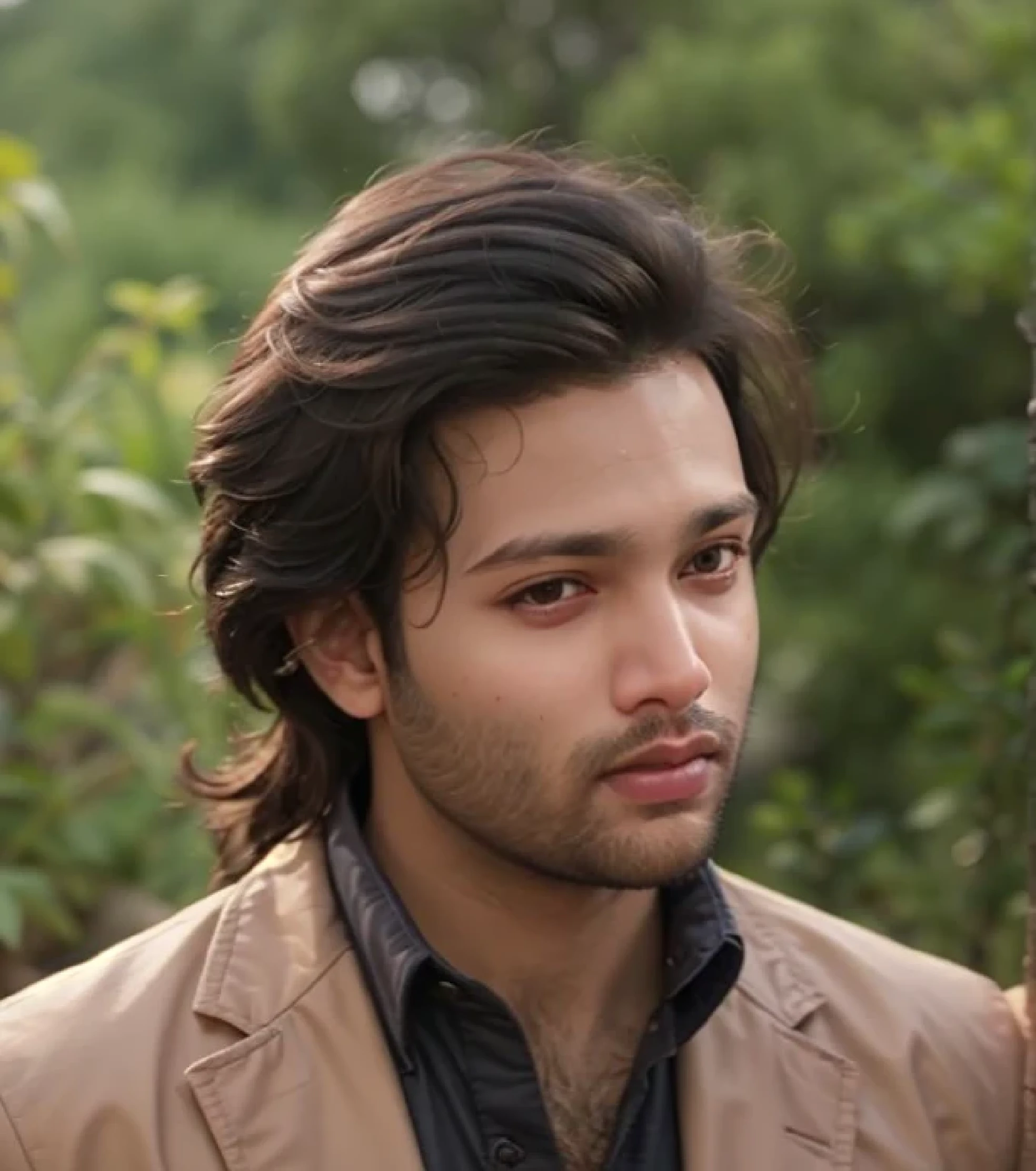 A beautiful young bearded man with highly detailed skin looking at the camera,8k,high res, soft light,no contrast,ultra realistic, photorealism.((real life photo,realistic:1.9, short beard:1)),(wearing black sherwani),((closeup shot:1.5))