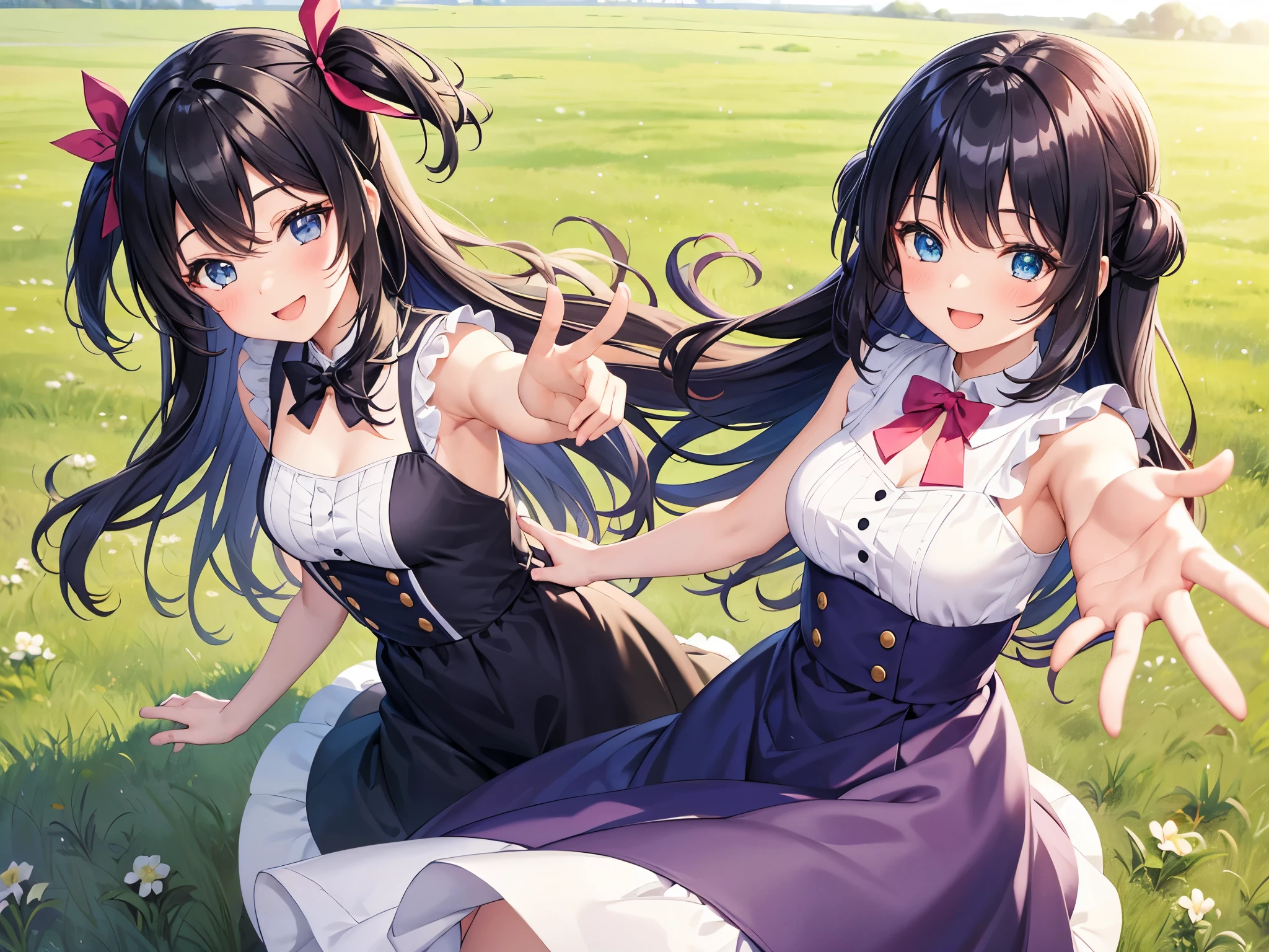 1 girl,two side up,Black Hair,berry long hair,Hair Ribbon,Light blue dress,white Mule,smile,,smile,Posing with hands outstretched,Anime Style,grassland