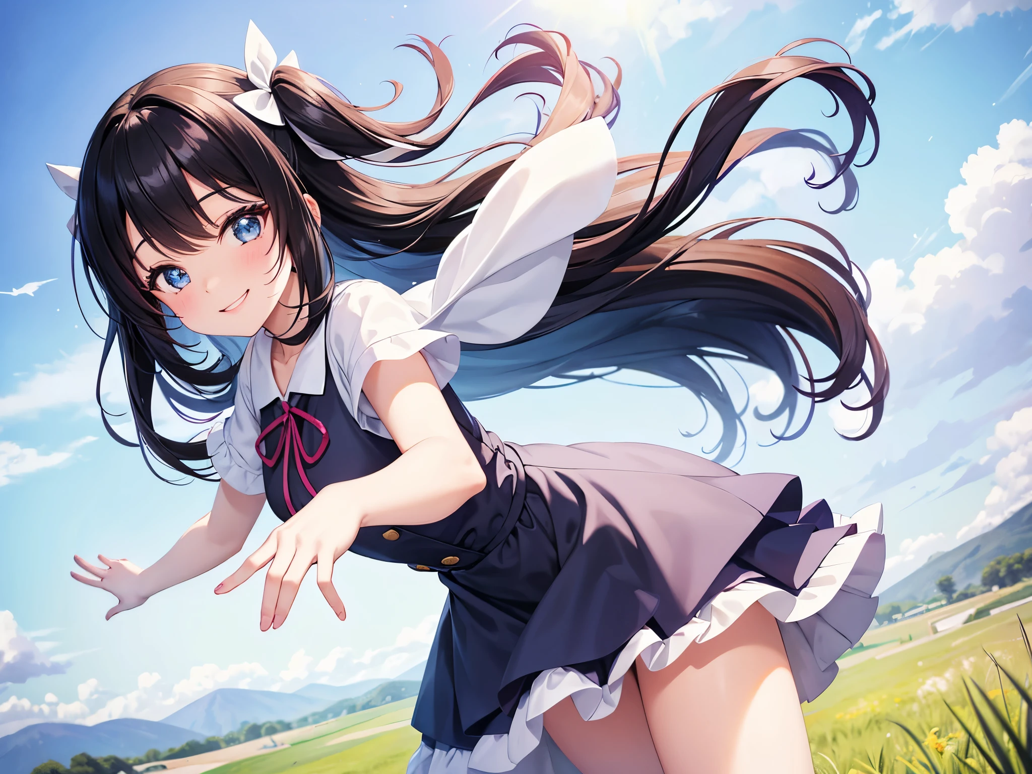 1 girl,two side up,Black Hair,berry long hair,Hair Ribbon,Light blue dress,white Mule,smile,,smile,Posing with hands outstretched,Anime Style,grassland