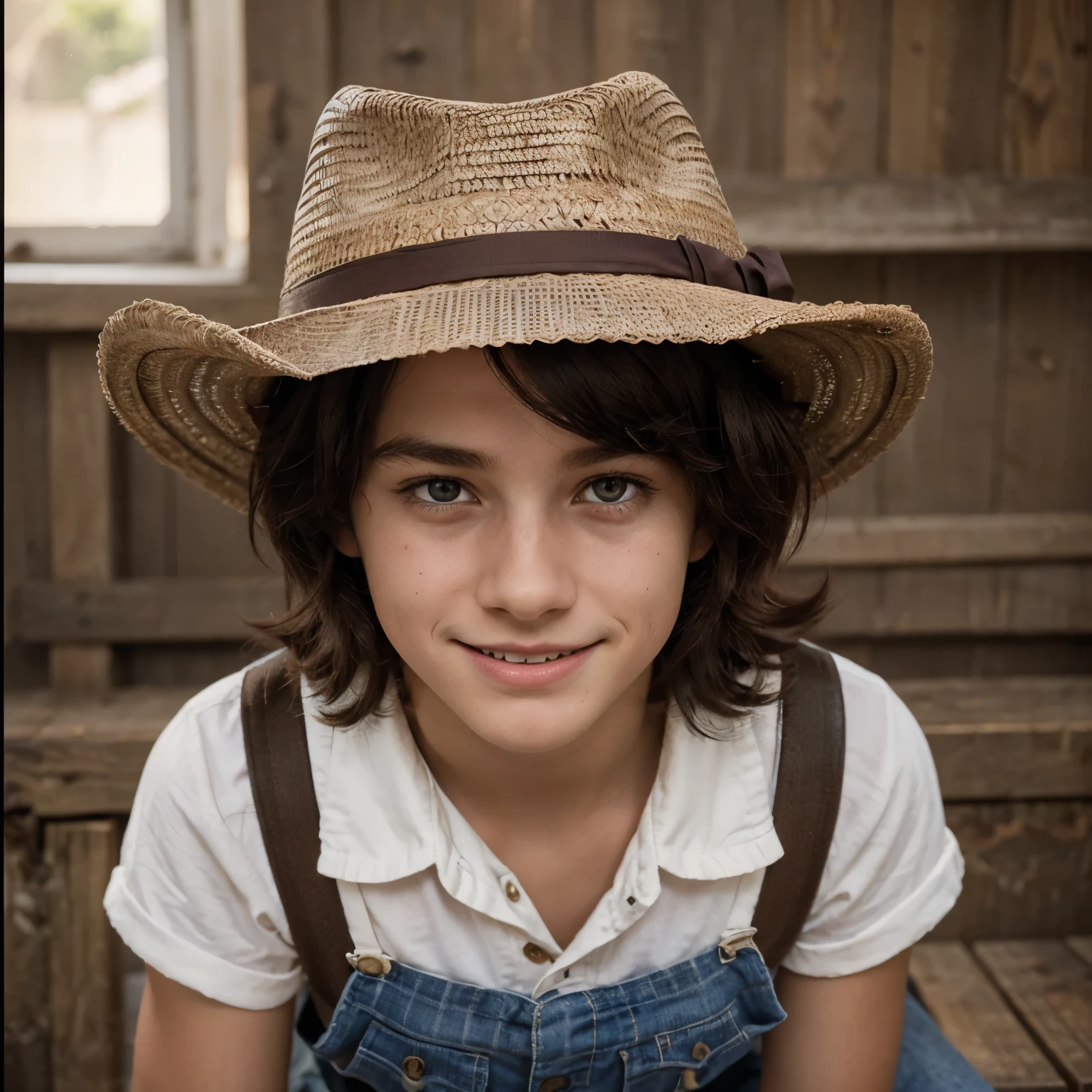 Tom Sawyer is a robust boy with lively eyes and dark hair.  He always wears a wide-brimmed hat and usually dresses scruffily but stylishly.  He has a mischievous smile and a mischievous attitude that makes him stand out from the other children.

  Styled in 1950s super panavision 70 film stock, beautiful cinematography