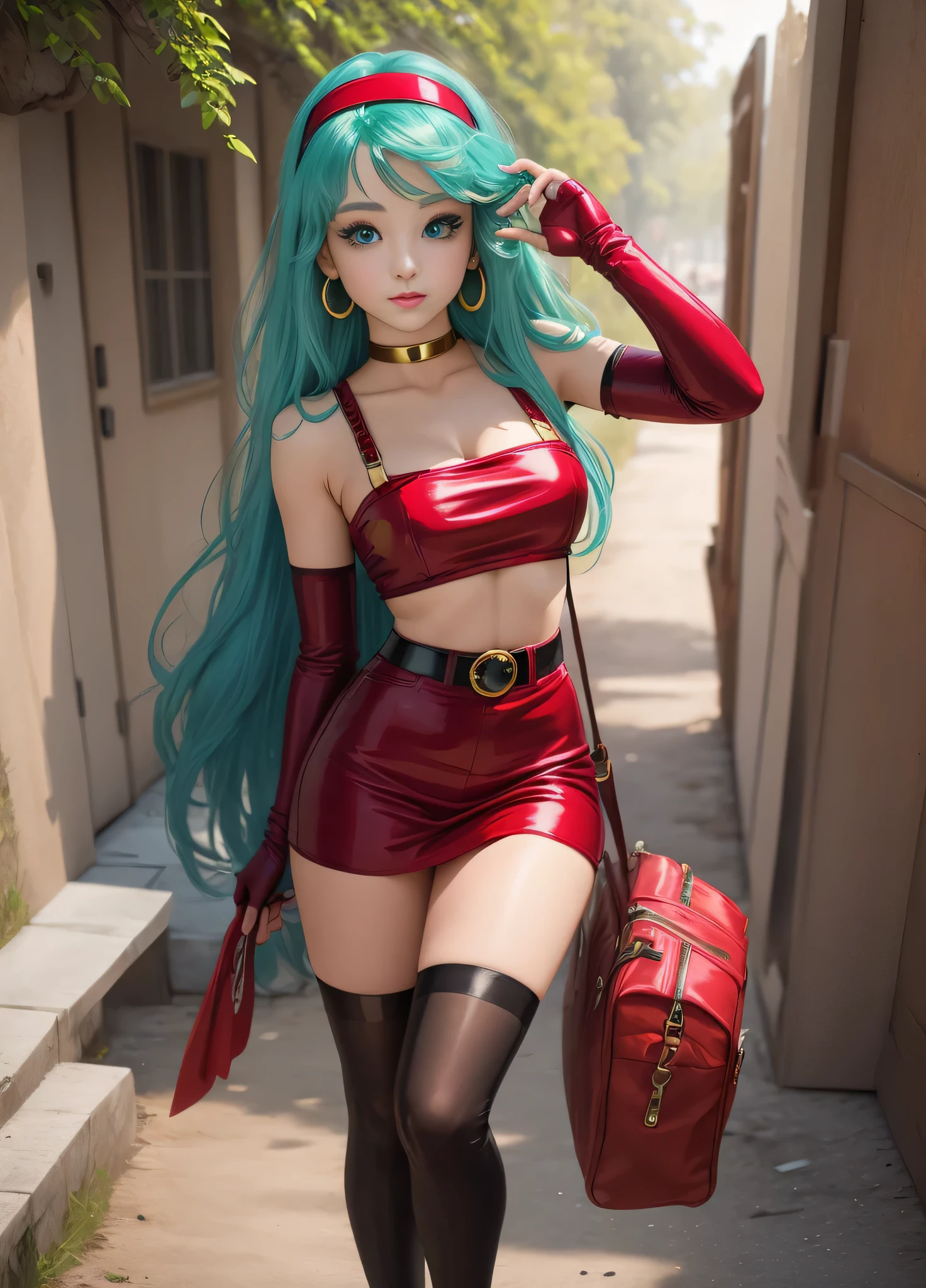 masterpiece, best quality, best quality, lifelike, perfect anatomy, perfect face, perfect eyes,
aqua hair, brabladbgt, red headband, red gloves, Red cropped top,  blue eyes, skirt, hoop earrings, collar, 1 girl, outdoor, sexy pose