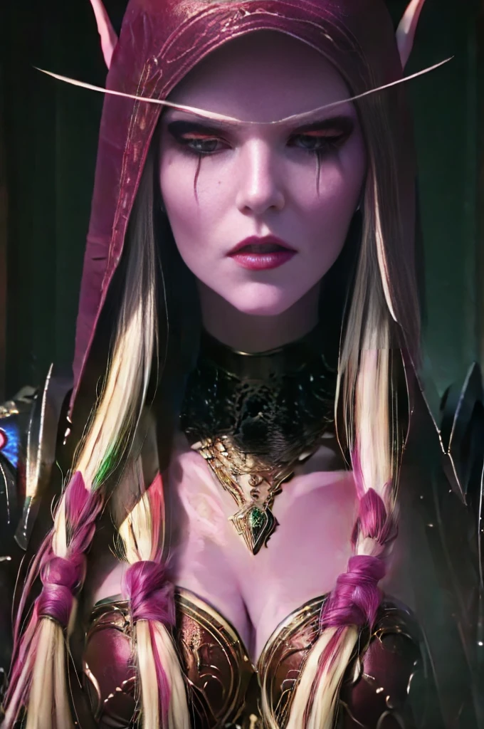 Masterpiece, hd, full detailed, !(Sylvanas Windrunner has the appearance of an undead elf, with pale skin and red eyes. Her hair is black with silver highlights, and she wears it in a long braid. His face is beautiful but stern, often wearing an expression of determination or disdain. His outfit consists in a burgundy wool hood, a of leather and metal armor that allows him to move with agility and protect himself from attacks. His colors are black, red and green, which symbolize his loyalty to the Forsaken, his thirst for revenge and his past as a forester. His most characteristic weapon is a longbow called Night's Edge, which shoots arrows of dark energy. He also wears a dagger and a pendant in the shape of a winged bat, the emblem of the Forsaken)