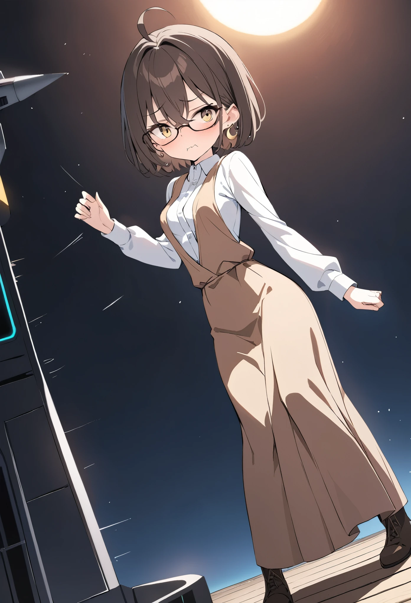 best quality, masterpiece, ultra resolution, super details, anatomically correct, a girl of teens, full body, (dark brown hair:1.2), high quality eyes, high quality hands, short hair, light yellow eyes, (short antenna ahoges:1.3), glasses, asymmetric earrings, (crescent earring on the left ear:1.2), (sun earring on the right ear:1.3), medium breasts, white shirt, brown vest dress, long sleeves, loose sleeves, (long skirt), short boots, coward, (shaking mouth:1.2), fluish, embarrased expression, on the deck of a starship, high quality background, depth of field, dutch angle