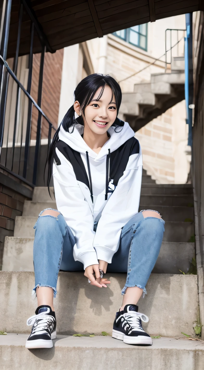 highest quality, Realistic, Very detailed, Finer details, High resolution, 8k wallpaper, One beautiful woman,Sit on the stairs、(Wear black socks)smile、(Beautiful teeth alignment、)(Gums are visible) Oversized hoodie, Skinny jeans,( Black sneakers)、Black Hair、 Beautiful Bangs、ear piercing、Perfect dynamic composition, Beautiful and detailed, Full Body Shot, A big smile