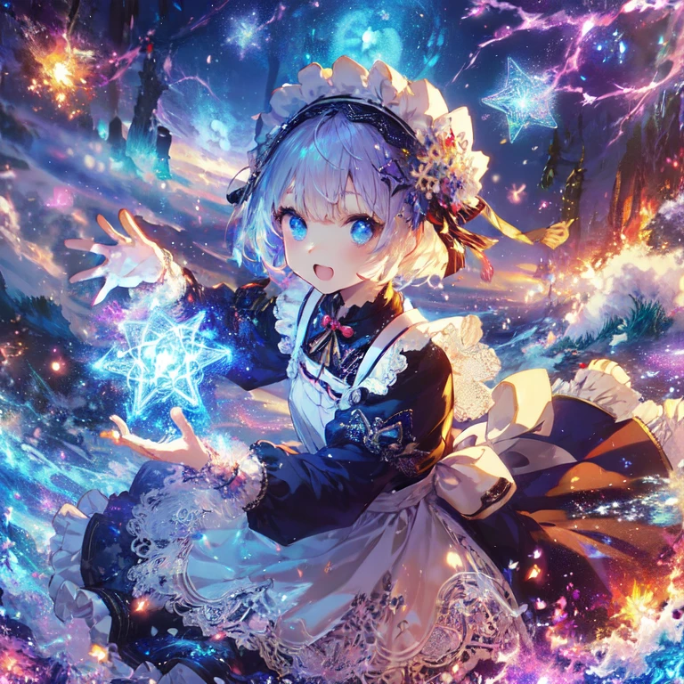Anime girl with a magic wand in a forest with stars々are collecting, splash art anime , beautiful heavenly magician, anime fantasy artwork, anime art wallpaper 4k, anime art wallpaper 4k, anime fantasy illustration, anime art wallpaper 8k, anime style 4k, with the power of magic, , detailed digital anime art, Detailed anime original drawing