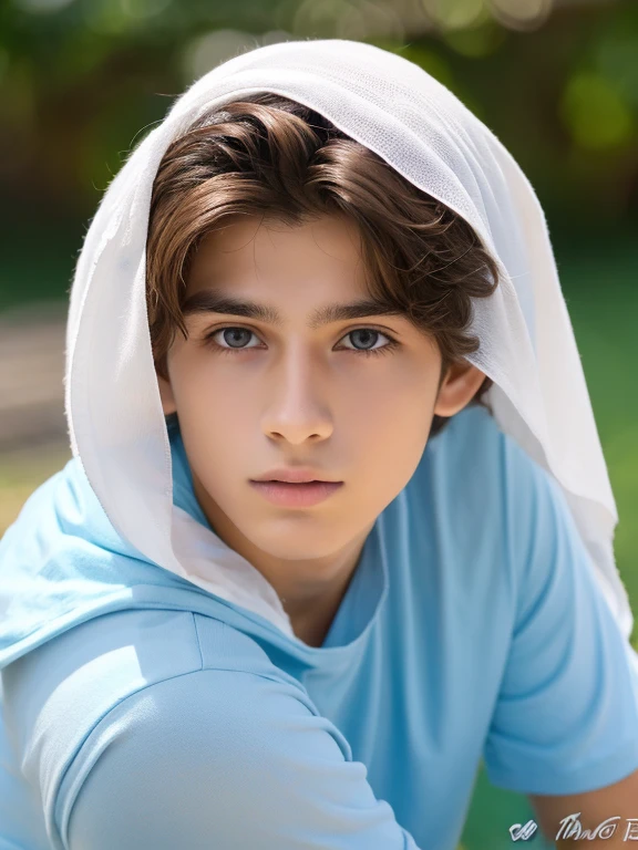 A 14 year old boy, hermoso, facciones finas, rasgos lindos, rasgos europeos, piel blanca, ojos azules, light brown hair, mirada triste y pensativa, pecho agradable desnudo y definido, toples, piernas fuertes musculosas desnudas, masculino