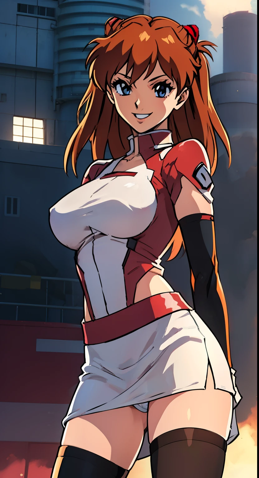 high resolution、real photo、realistic、In uniform、⁵Rise Kujikawa (people々) ,Glossy Lips ,White panties、Team Rocket uniform, Red letter R, White Skirt,White crop top,Black thigh-high boots, Black elbow gloves, Wicked Smile, Looking at the audience, Cowboy Shot