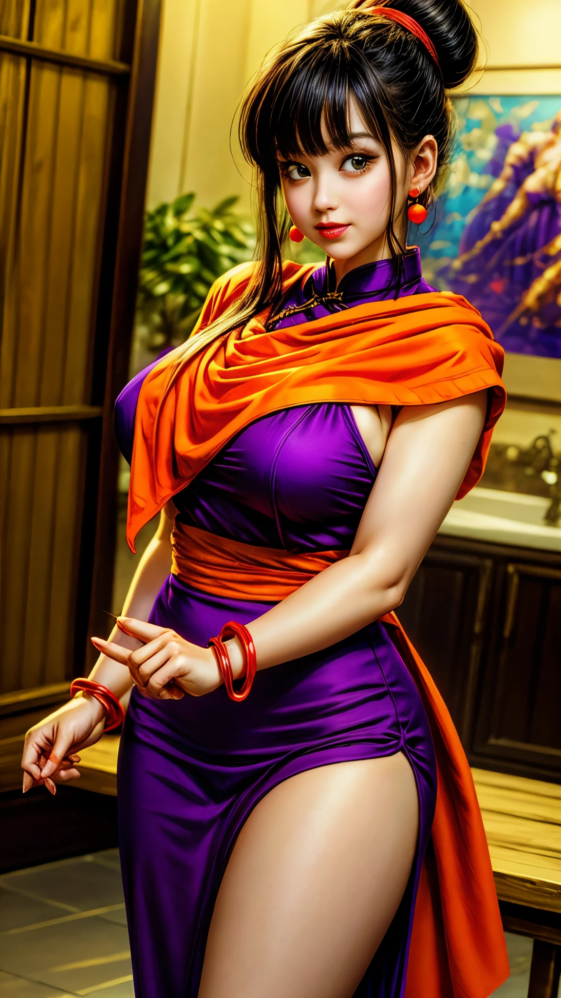 masterpiece, best quality, highest quality, photorealistic, perfect anatomy, perfect face, perfect eyes,
dbzch1ch1, sidelocks, bangs, single hair bun, hair bun, (black eyes), orange pashmina wrap, red sphere earrings , red wristbands, purple cheongsam, sexy  pose, large breasts, thick thighs, curvy hips 