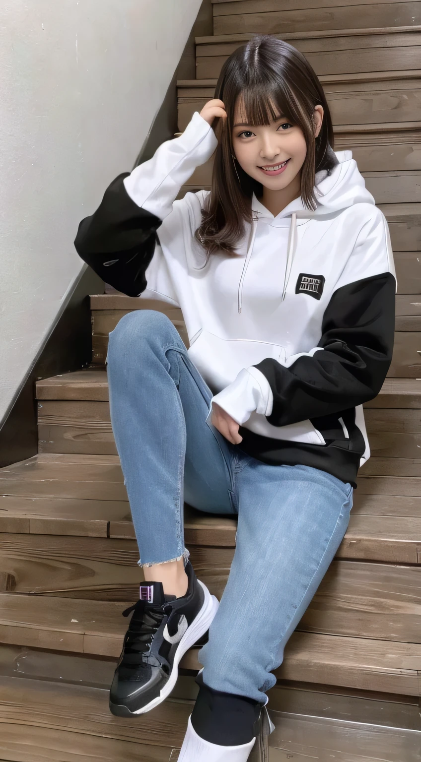 highest quality, Realistic, Very detailed, Finer details, High resolution, 8k wallpaper, One beautiful woman,Sit on the stairs、(Wear black socks)smile、(Beautiful teeth alignment、)(Gums are visible) Oversized hoodie, Skinny jeans,( Black sneakers)、Black Hair、 Beautiful Bangs、ear piercing、Perfect dynamic composition, Beautiful and detailed, Full Body Shot, A big smile