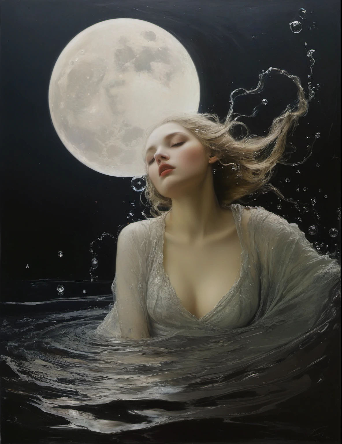 James Gurney, Surrealist art , dream-like, Mysterious, Provocative, symbolic, Complex, detailed,, (Gothic but very beautiful:1.4), (masterpiece, highest quality:1.4) , Nicola Samori Style, The moon and the beautiful siren、Water bubbles