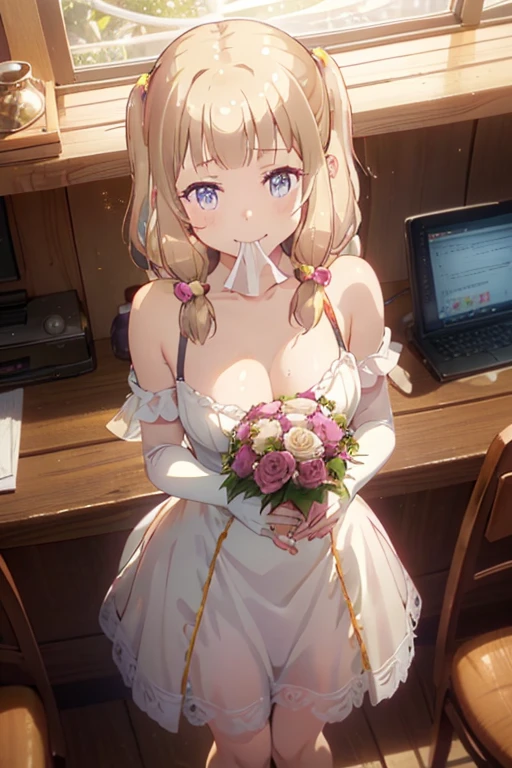 (from above:1.2),(from side:0.9), ((Face)), (Close-Up:0.4), ((looking at viewer, holding a bouquet to his mouth)), highest quality、(real、photorealistic:1.4)、(RAW photo:1.2)、very detailed CG unity 8k wallpaper, delicate and beautiful, wonderful, Fine detail, official art, huge file size, Ultra-detailed, very detailed girl, very detailed eyes and face, Bright on the face、(20 age girl:1.0)、small smile, smiling, (twintail hair:1.25), hair between eyes, hair twintails, (long hair:1.25), tiara,ruany,off-shoulder dress,pearl ,(gemstone),tiara,veil,wedding dress, wedding necklace, wedding long gloves, (luxurious bouquet), chapel, Stained glass,(best quality, highres, masterpiece:1.2), ultra-detailed, (realistic:1.37) illustration, erotic style, soft lighting, sweat glistening on her body, gentle warmth, mysterious, small breast,narrow waist,(with sparkling eyes and a contagious smile),her thin pubic hair, looking at viewer,