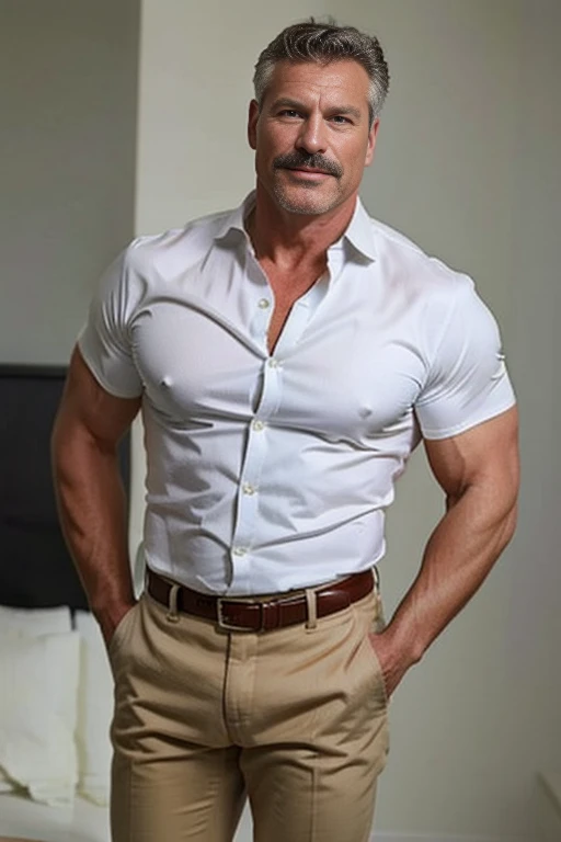 age 60, white man police detective with a mature, backside, kind demeanor, strong and muscular yet chubby build, mustache, wearing dress pants and a buttoned-open translucent shirt that reveals a hairy chest and a noticeable bulge, wearing detective badge on belt, giving off a hint of a horny yet disgusting aura, completing the look with comfortable loafers. Thong 