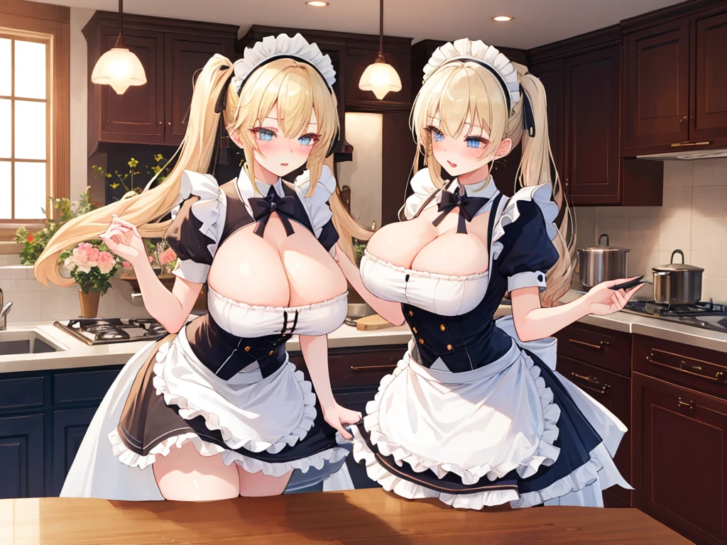 A woman with big ,Gorgeous woman,Mature,ahegao,Long blond hair,twintails,Exquisite,maid,blue,Cleavage,Areola,Slim waist,Smooth legs,blush,ta,kitchen,