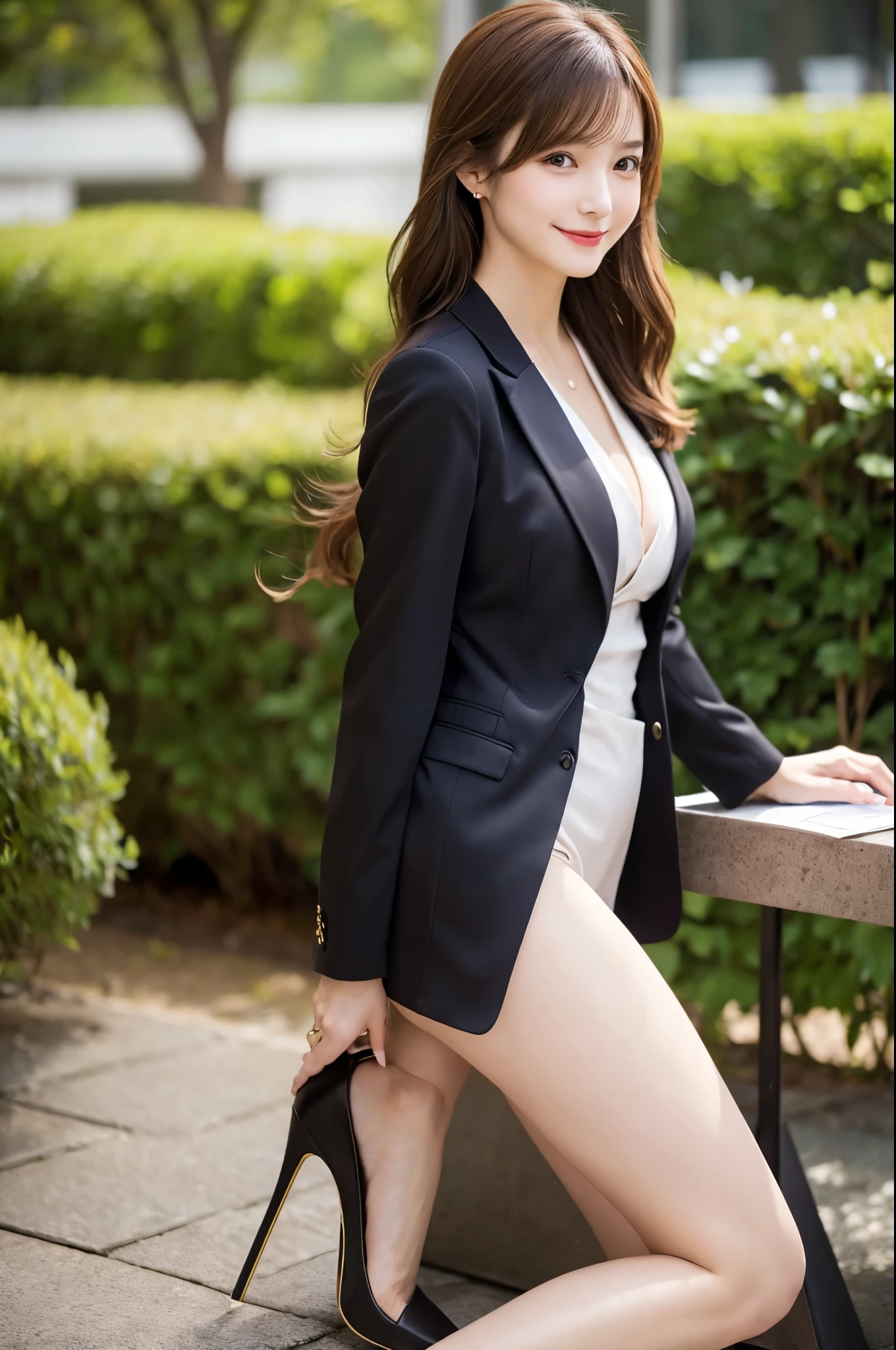 profile、Woman reading a book、Brown hair tied with ribbon、business suit、Spring Clothes、Cleavage(Very large breasts、Very thin and long legs、Perfect figure、High heels、whole body、smile)、1 female、No makeup、26 years old、(masterpiece、8K,RAW Photos、High resolution:1.4)