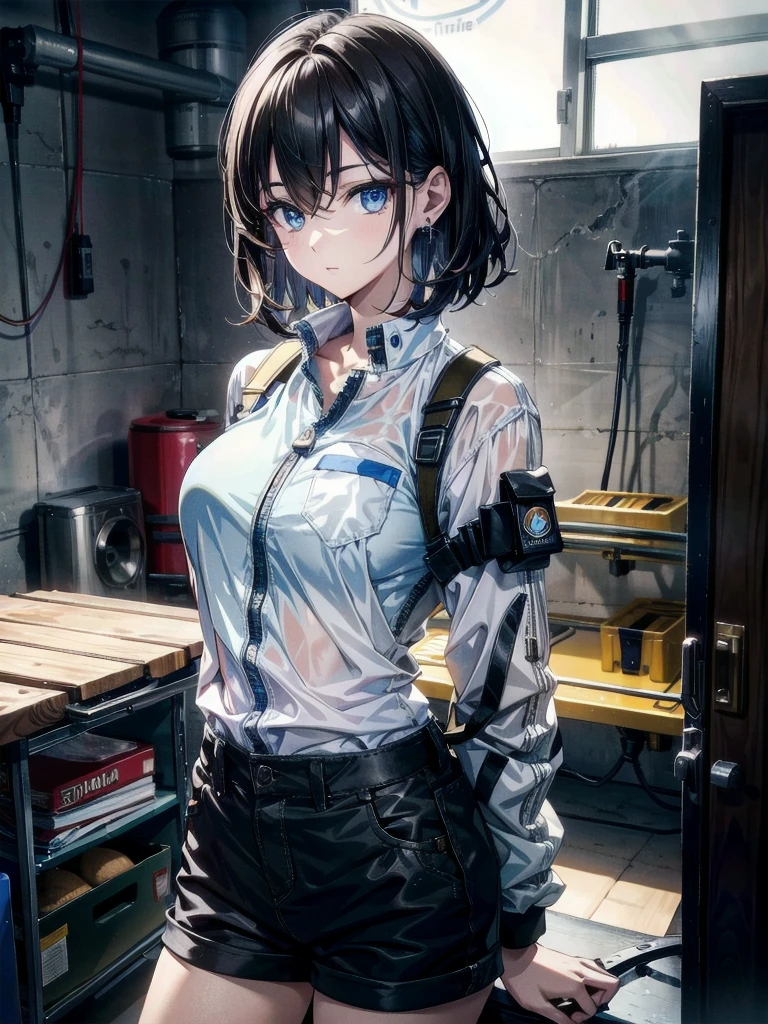 whole body, mechanic's jumpsuit, absurdres, RAW photo, extremely delicate and beautiful, masterpiece, Best Quality, ultra high resolution, 32k, hyperrealistic, ultra-detailed, detailed description, pale skin, 20 years old, detailed beautiful face and eyes, tearful mole, earring, Colossal tits, short medium hair, wavy hair, shorts,