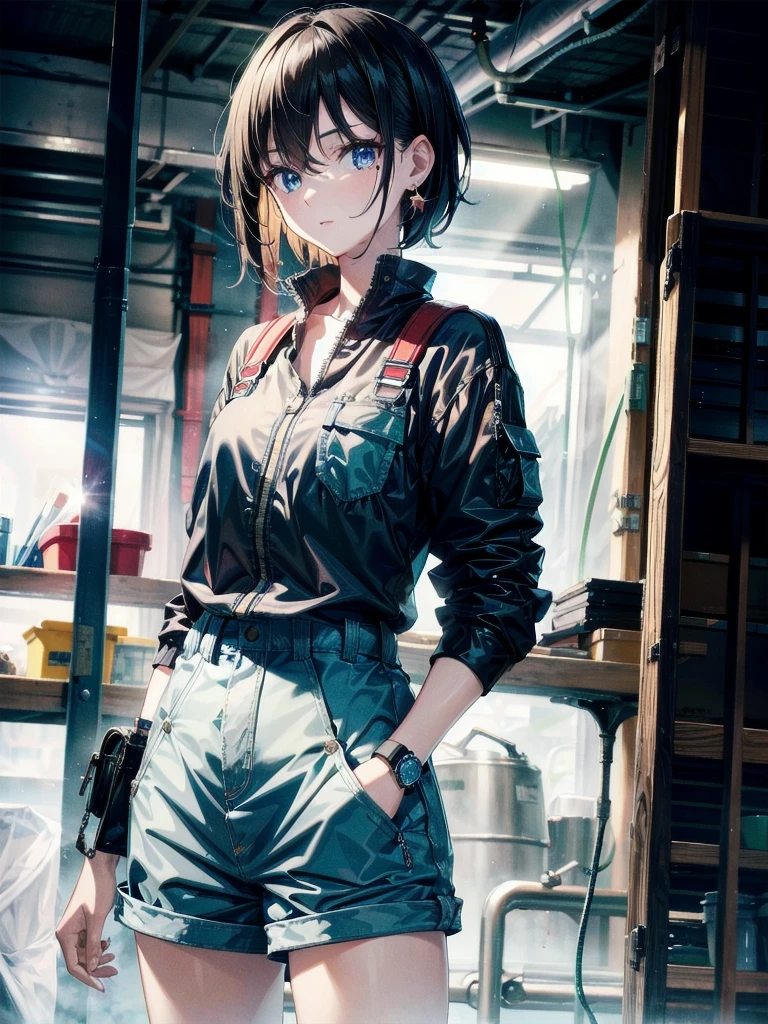 whole body, mechanic's jumpsuit, absurdres, RAW photo, extremely delicate and beautiful, masterpiece, Best Quality, ultra high resolution, 32k, hyperrealistic, ultra-detailed, detailed description, pale skin, 20 years old, detailed beautiful face and eyes, tearful mole, earring, Colossal tits, short medium hair, wavy hair, shorts,