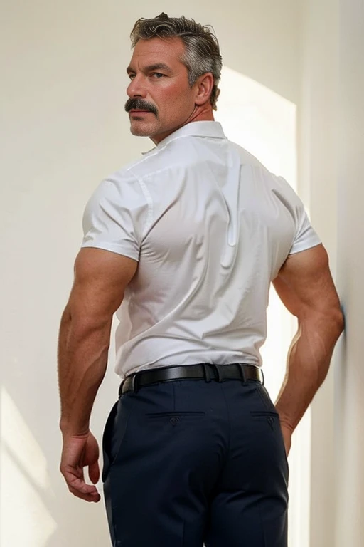 age 60, white man police detective with a mature, backside, kind demeanor, strong and muscular yet chubby build, mustache, wearing dress pants and a buttoned-open translucent shirt that reveals a hairy chest and a noticeable bulge, wearing detective badge on belt, giving off a hint of a horny yet disgusting aura, completing the look with comfortable loafers. Thong backside backside