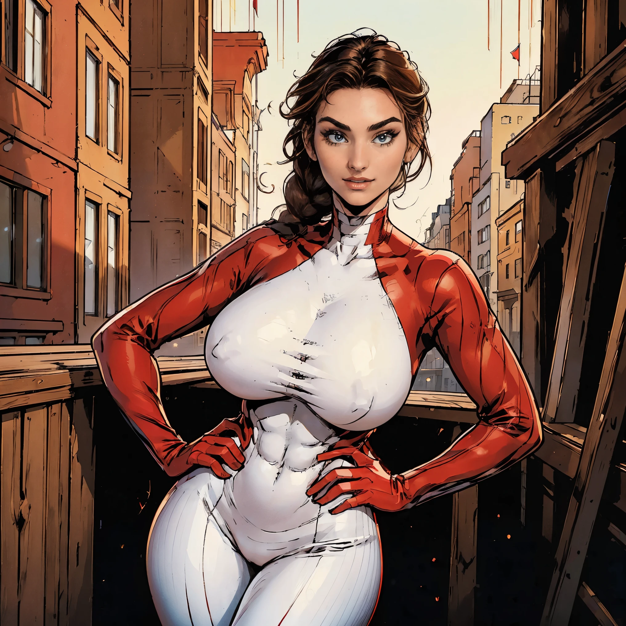 (masterpiece, top quality, best quality, official art, beautiful and aesthetic:1.2), (1girl:1.3), brown hair, braid, extremely detailed, portrait, looking at viewer, solo, (full body:0.6), detailed background, close up, mischievous eyes, (warm city superhero theme:1.1), pleasant smile, brunette, aquiline nose, green eyes, braid, ((gigantic breasts)), (thin), athletic, superhero. Wearing a sleek, satin (high-neck) (sleek white and red striped bodysuit), ((red sleeve stripes, red leg stripes)), (white sides, red center), modest, fully-covered, long red gloves, long red boots, slim waist, slim hips, long legs, modern (city street exterior:1.1) detailed background, bright optimistic lighting, shadows, magical atmosphere, dutch angle