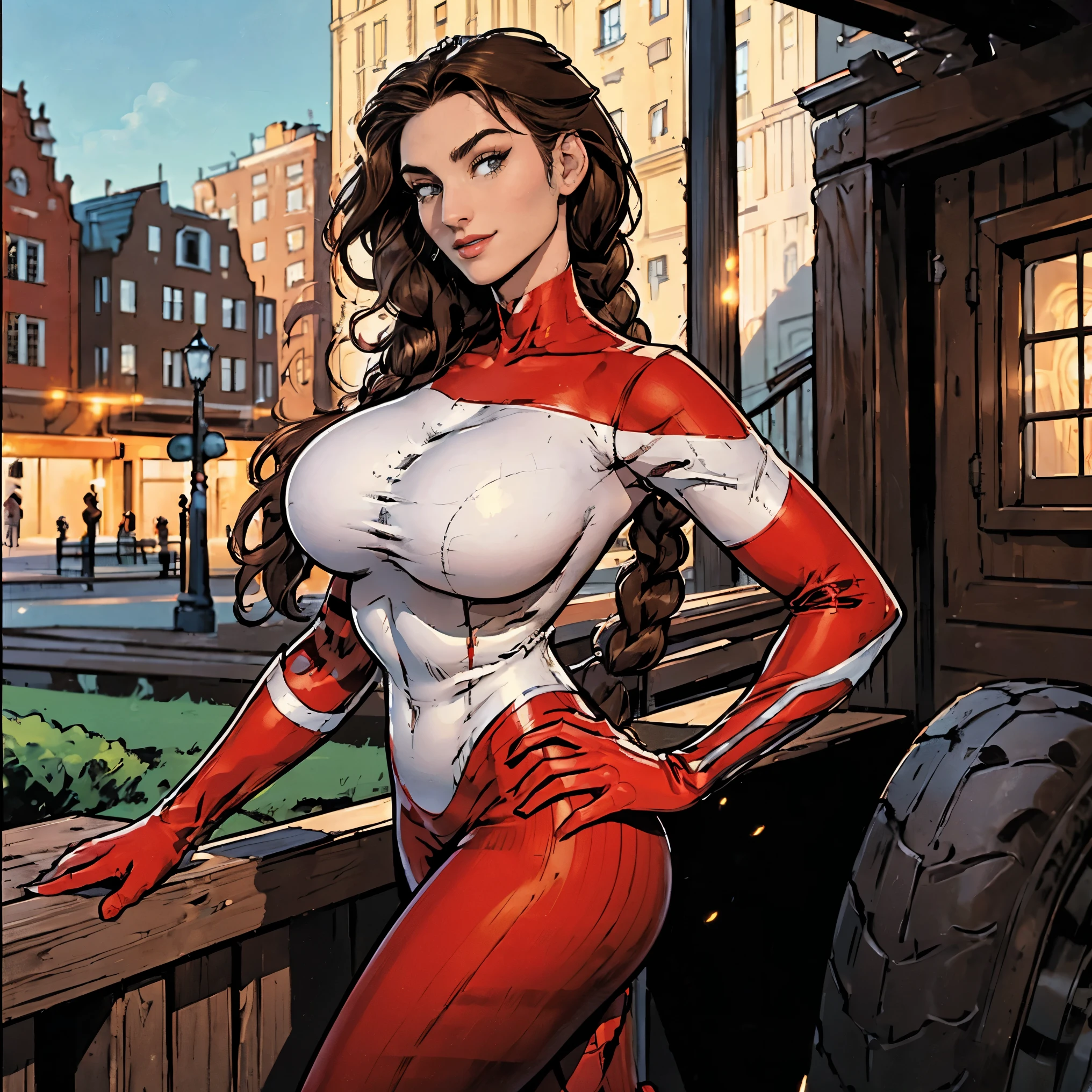 (masterpiece, top quality, best quality, official art, beautiful and aesthetic:1.2), (1girl:1.3), brown hair, braid, extremely detailed, portrait, looking at viewer, solo, (full body:0.6), detailed background, close up, mischievous eyes, (warm city superhero theme:1.1), pleasant smile, brunette, aquiline nose, green eyes, braid, ((gigantic breasts)), (thin), athletic, superhero. Wearing a sleek, satin (high-neck) (sleek white and red striped bodysuit), ((red sleeve stripes, red leg stripes)), (white sides, red center), modest, fully-covered, long red gloves, long red boots, slim waist, slim hips, long legs, modern (city street exterior:1.1) detailed background, bright optimistic lighting, shadows, magical atmosphere, dutch angle