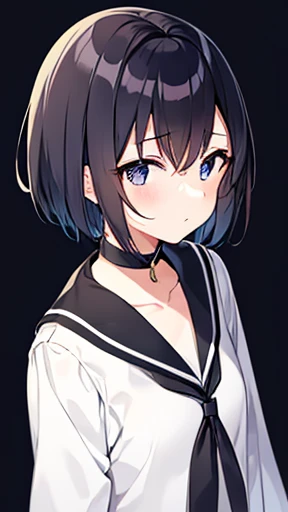 Drawing of a girl with short hair, Beautiful anime outline, no shade, Flat anime shading, 太いLine art, Simple art line, Line art!!, Anime Shading), 太いLine art, Anime Sketch, Line art, Anime Shading, きれいなLine art, 完璧なLine art, 太い黒のLine art, Simple Shading, Line art!!, Line art,Sailor suit,slightly exposed clavicle,A gentle gaze,Black collar,Slimline high collar
