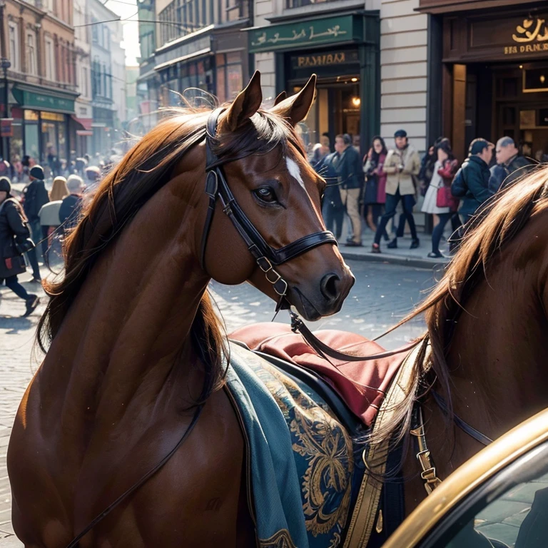 As a high-resolution image of a horse on the busy street of Baker Street. This horse boasts exquisite detailing and a vintage aesthetic., Capturing the essence of a bygone era. rider, Hair fluttering in the wind, They run confidently through the crowded streets.、It gives me joy and happiness。.
Focus on the highest quality, An image made to be a masterpiece in itself. Boasting 8K resolution, Perfectly capture every intricate detail、can be displayed. The image quality is unparalleled, Create a visually stunning experience for your audience. The overall image exudes an award-winning aura.,
The face is at the center of the image, Drawn with meticulous attention to detail. All Contours, Features, Facial expressions are captured with great accuracy. Viewers can immerse themselves in ultra-high resolution detailed faces, Marvel at the vivid depictions. eye, especially, It is an attractive focal point, Shining with stunning detail and realism.
Add depth and visual interest, The ancient Islamic costumes worn give off an exotic vibe., enhancing the overall aesthetic of the image. Tatoo in the chest gives attractive charm, Symbolize their attractive personality.
The color palette of the image is、Carefully selected to evoke a nostalgic and timeless atmosphere。.