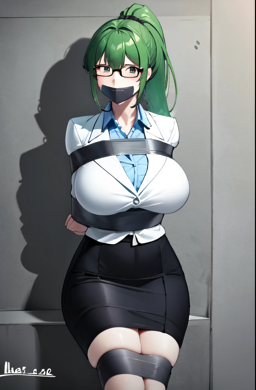 (masterpiece, best quality, detailed), 1girl, solo, looking at viewer, green hair, ponytail, glasses, brown eyes,
scientist, labcoat, glasses, collared shirt, pencil skirt, basement, (dark:1.5), dimly lit, Master piece, (best quality), perfect eyes, bound, bondage, (arms behind back:1.4), bdsm, tape gag, tape, tape bondage, close-up, restrained, standing ,best anatomy, middle body, laboratory coat,gigantic breast 